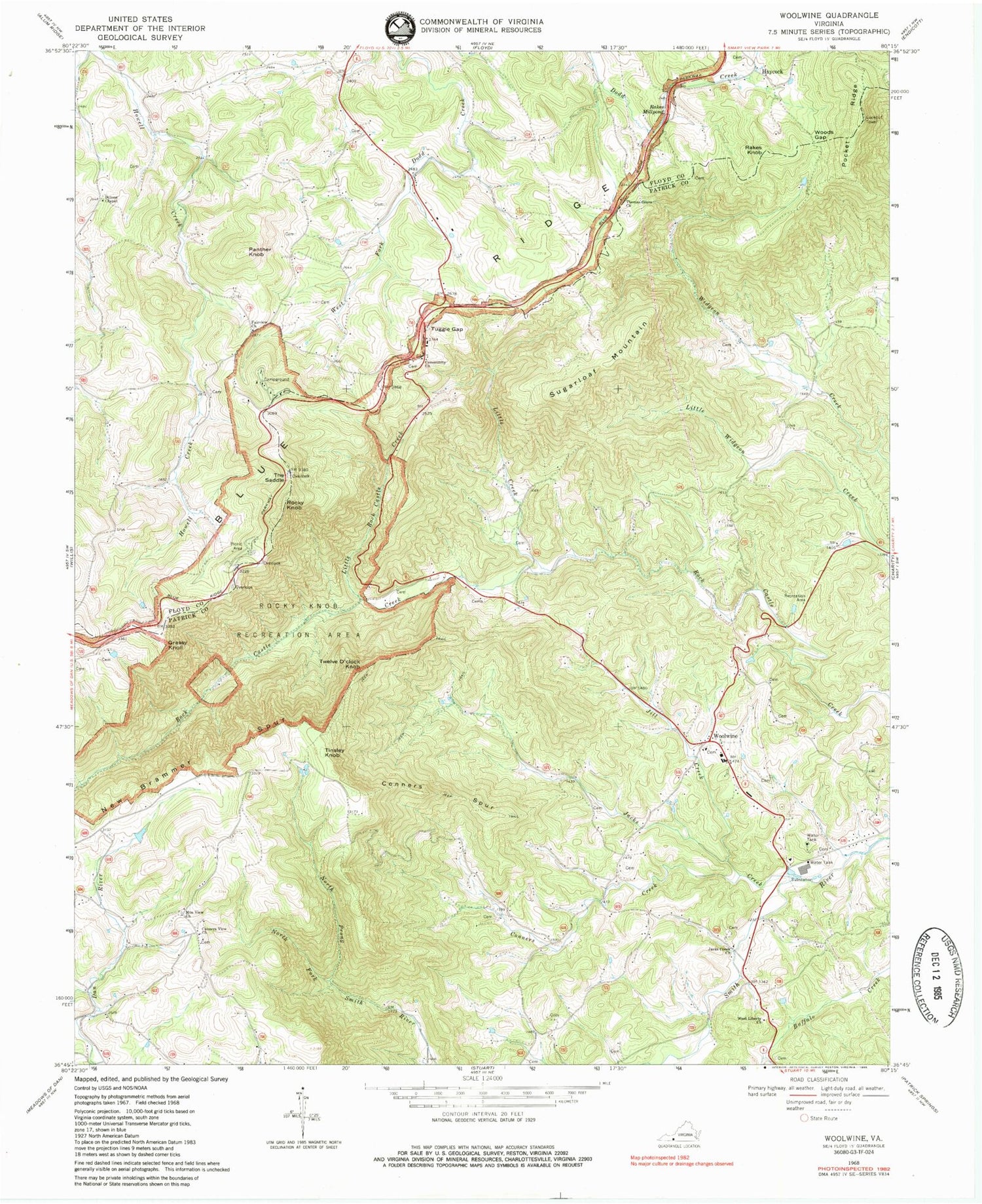 Classic USGS Woolwine Virginia 7.5'x7.5' Topo Map Image