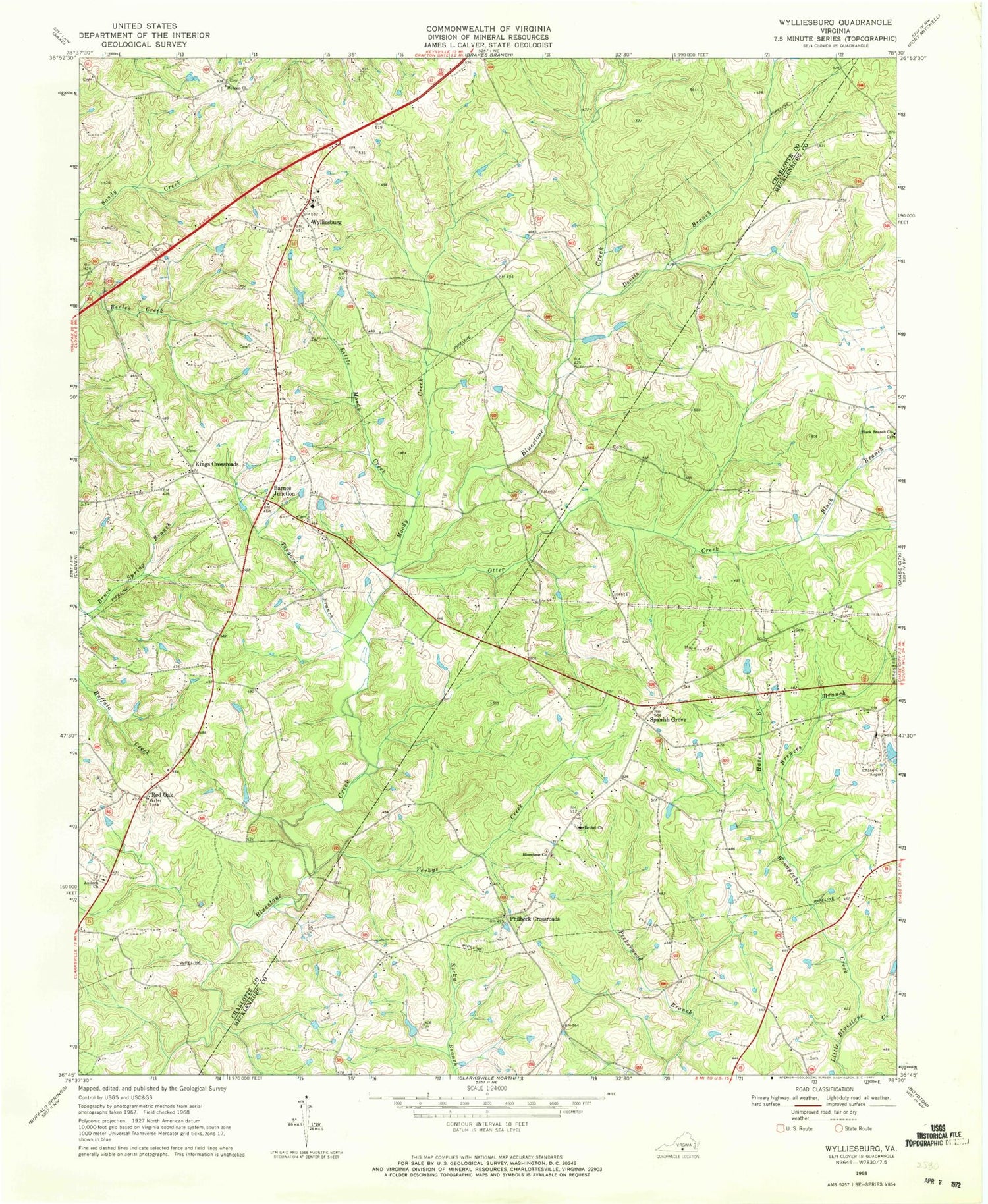Classic USGS Wylliesburg Virginia 7.5'x7.5' Topo Map Image