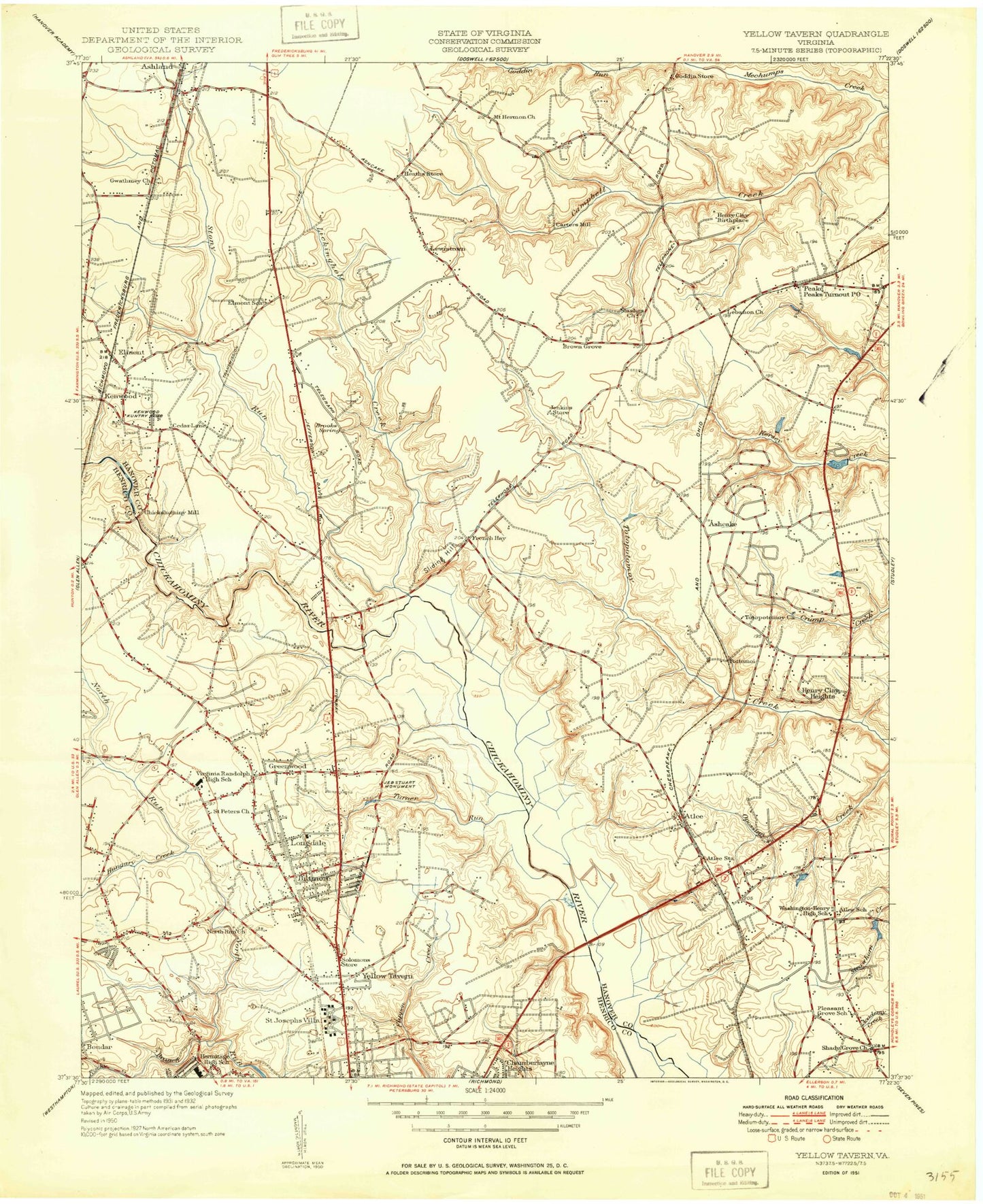 Classic USGS Yellow Tavern Virginia 7.5'x7.5' Topo Map Image