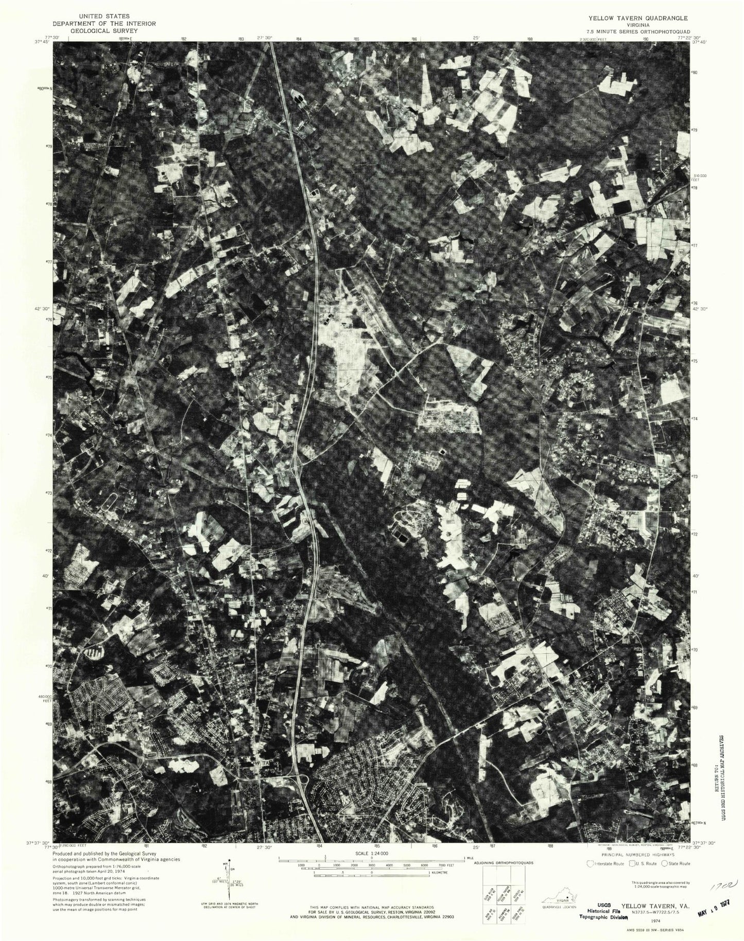 Classic USGS Yellow Tavern Virginia 7.5'x7.5' Topo Map Image