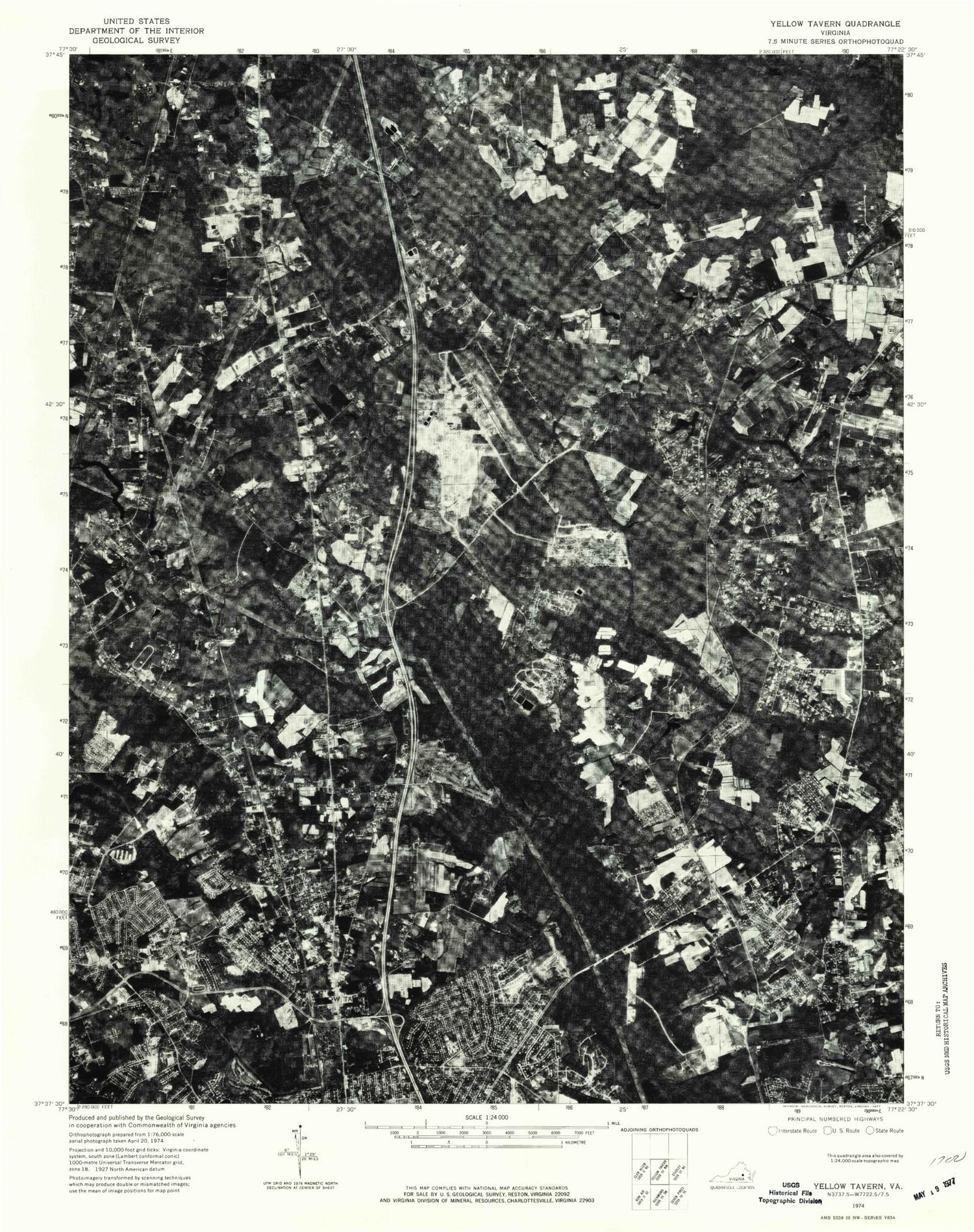 Classic USGS Yellow Tavern Virginia 7.5'x7.5' Topo Map Image