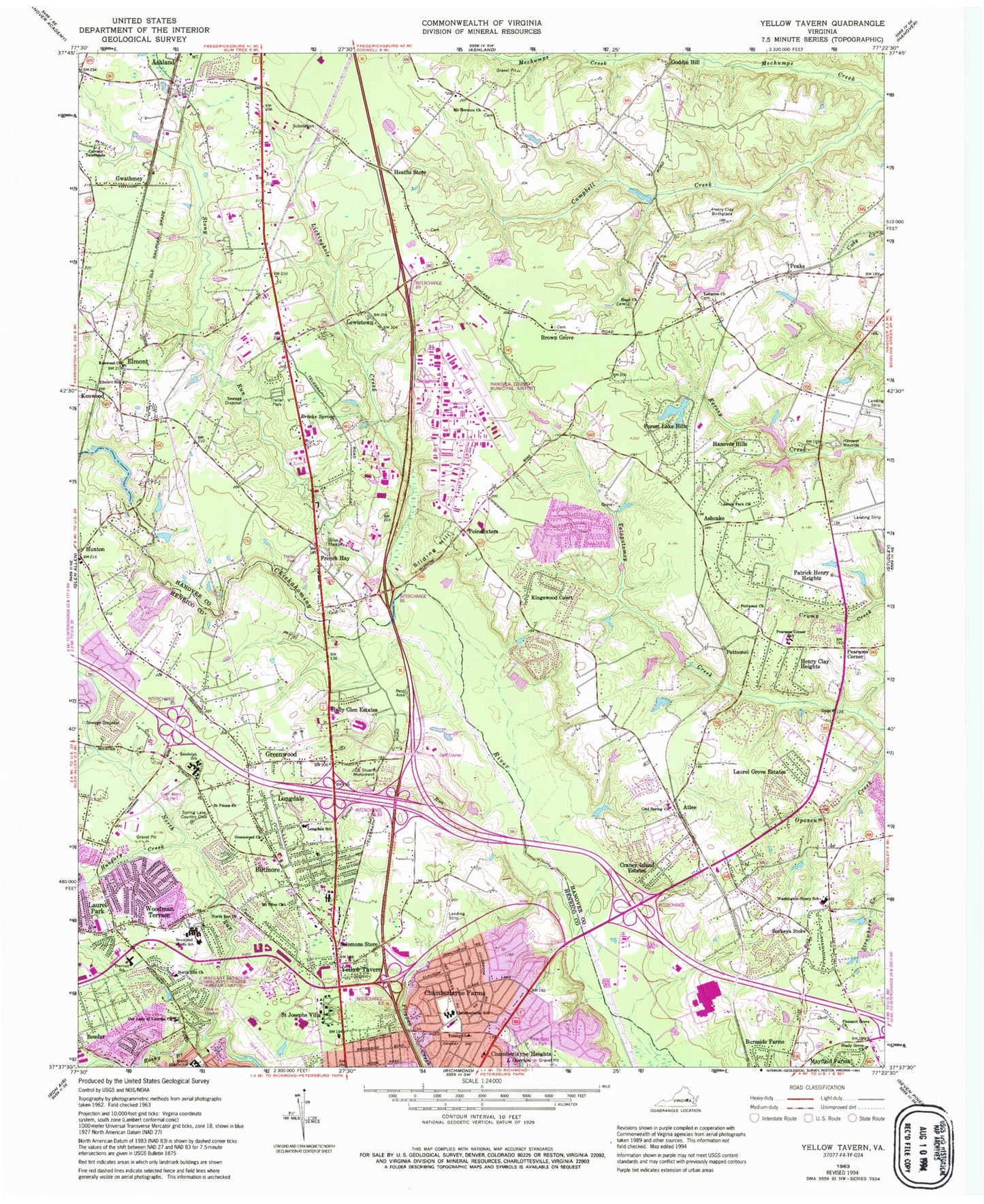 Classic USGS Yellow Tavern Virginia 7.5'x7.5' Topo Map Image