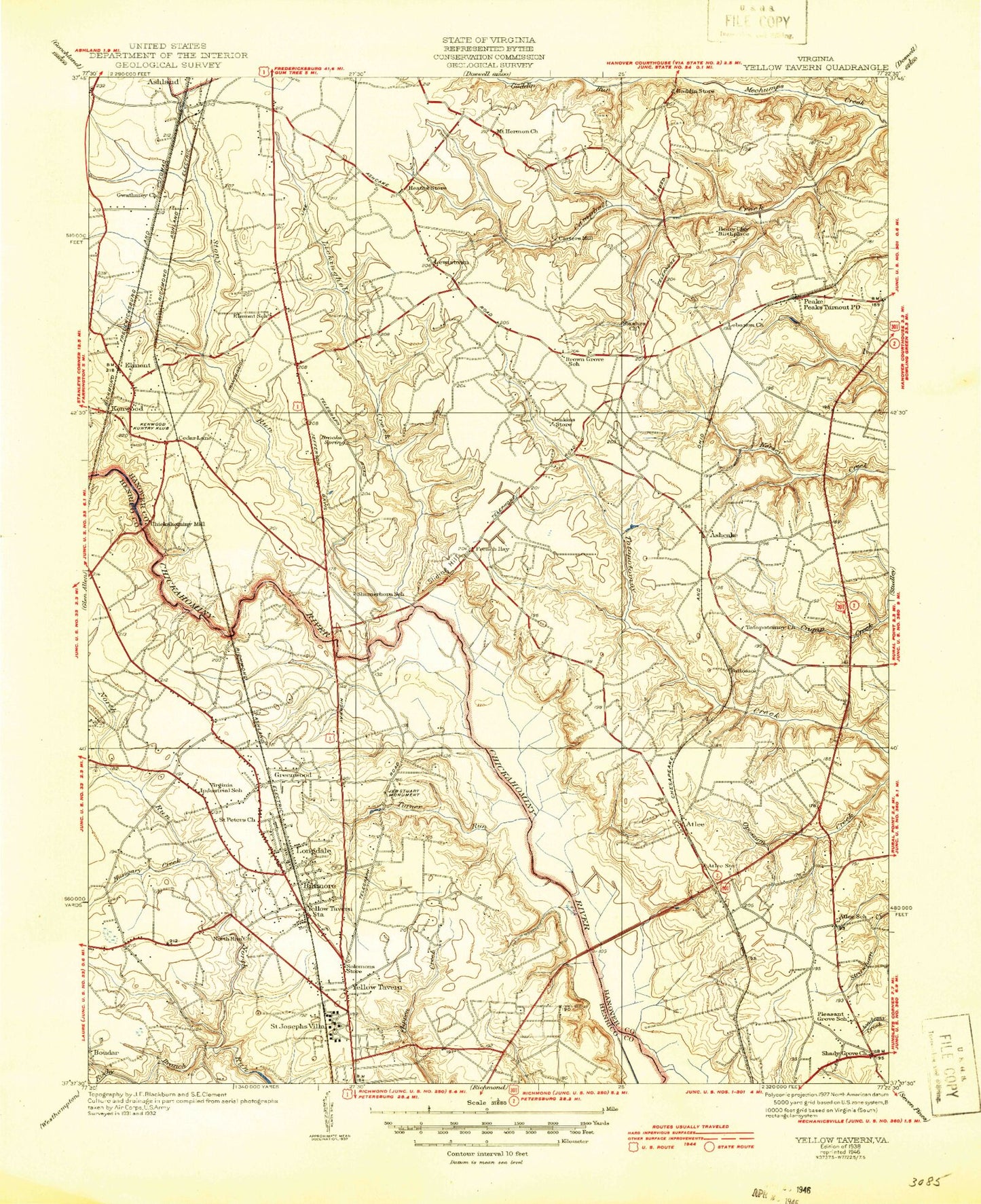 Classic USGS Yellow Tavern Virginia 7.5'x7.5' Topo Map Image