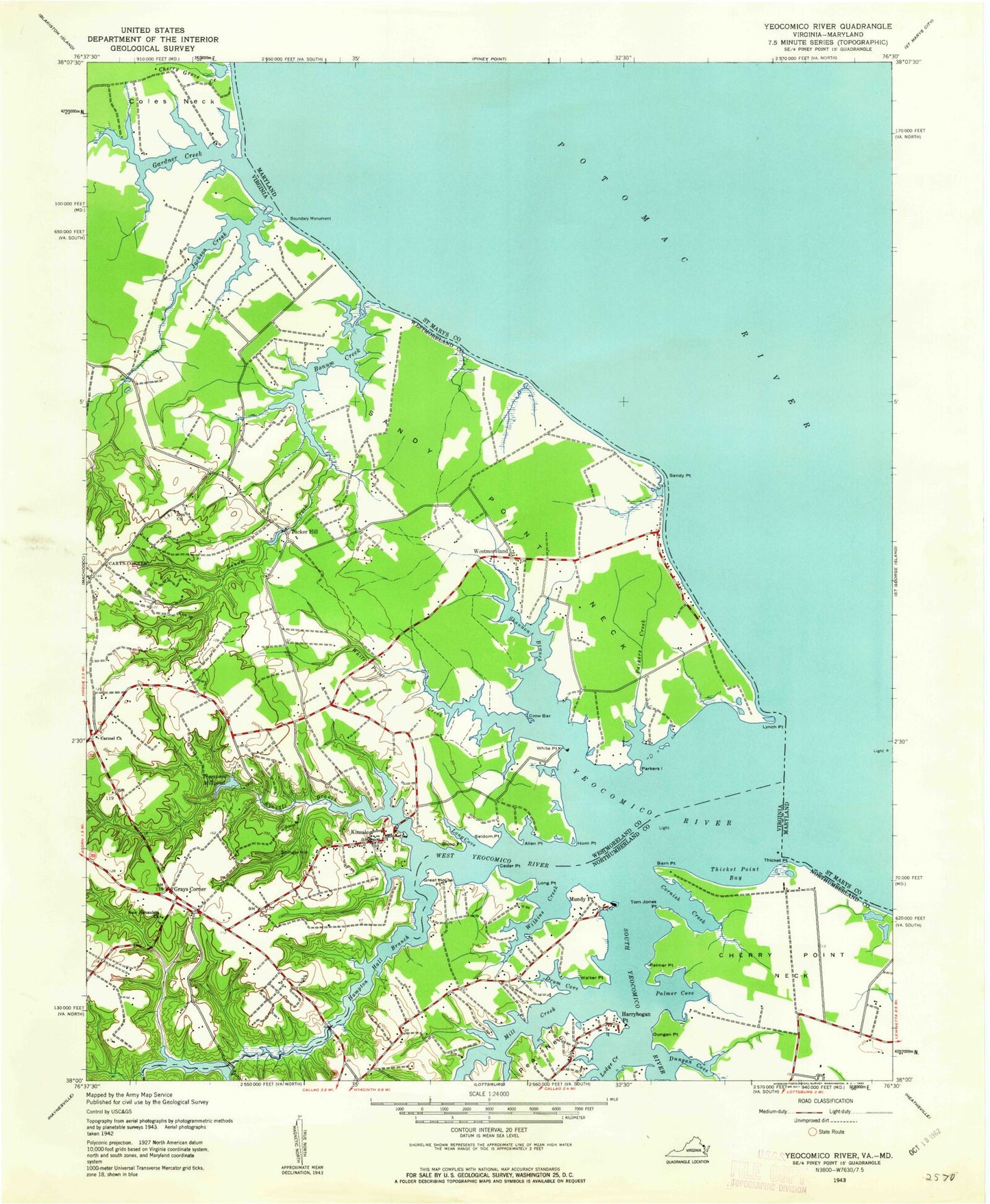 Classic USGS Kinsale Virginia 7.5'x7.5' Topo Map Image