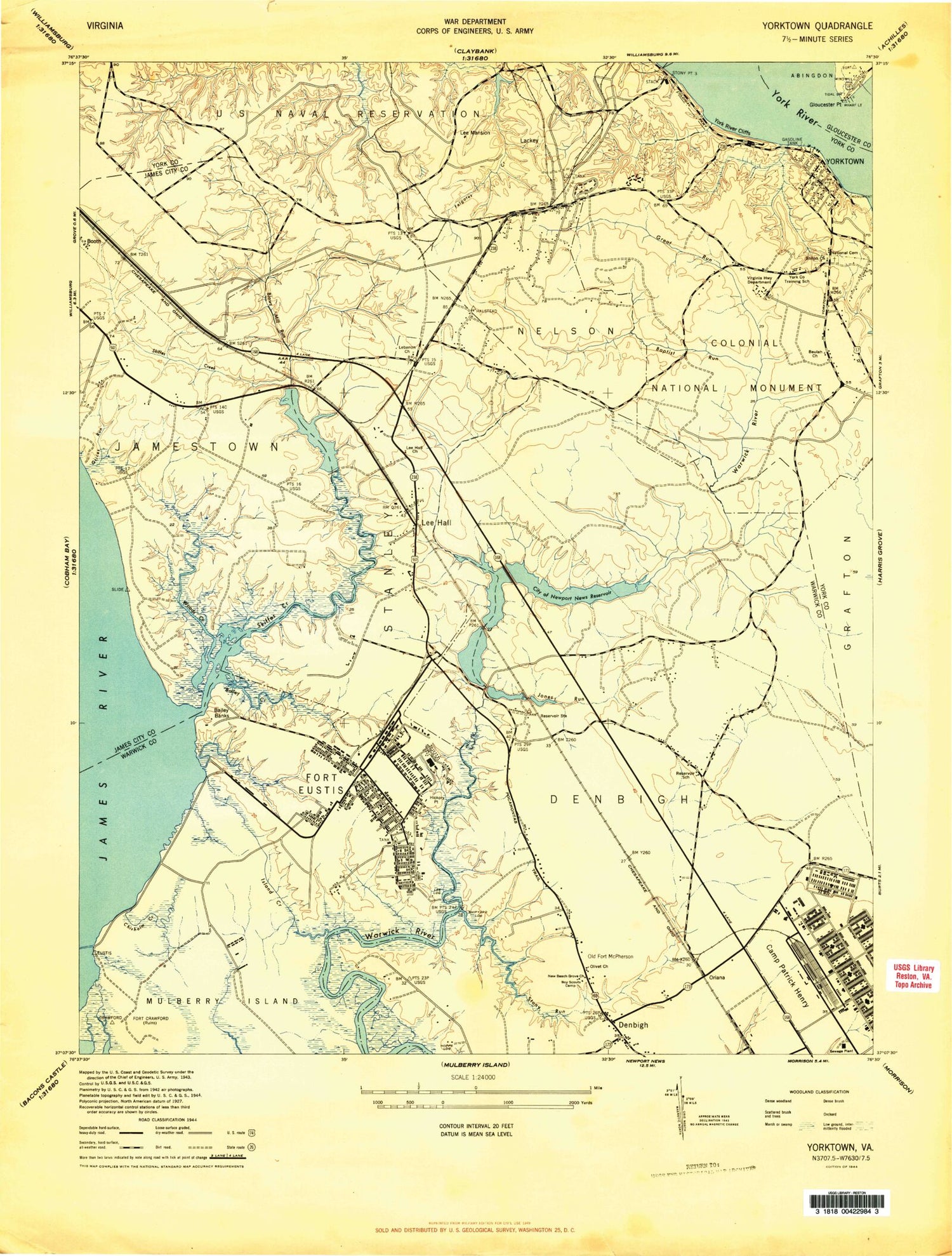 Classic USGS Yorktown Virginia 7.5'x7.5' Topo Map Image