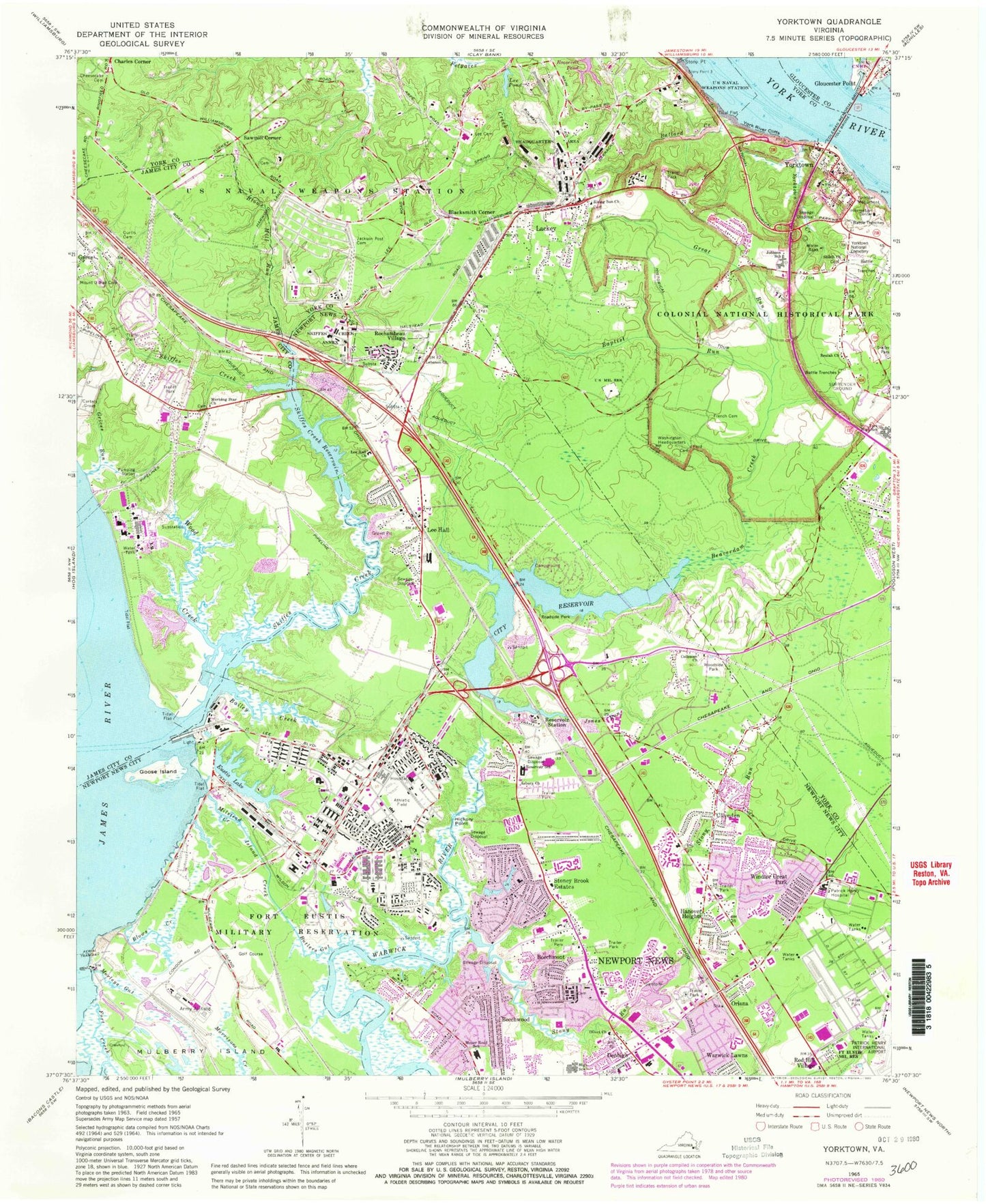 Classic USGS Yorktown Virginia 7.5'x7.5' Topo Map Image