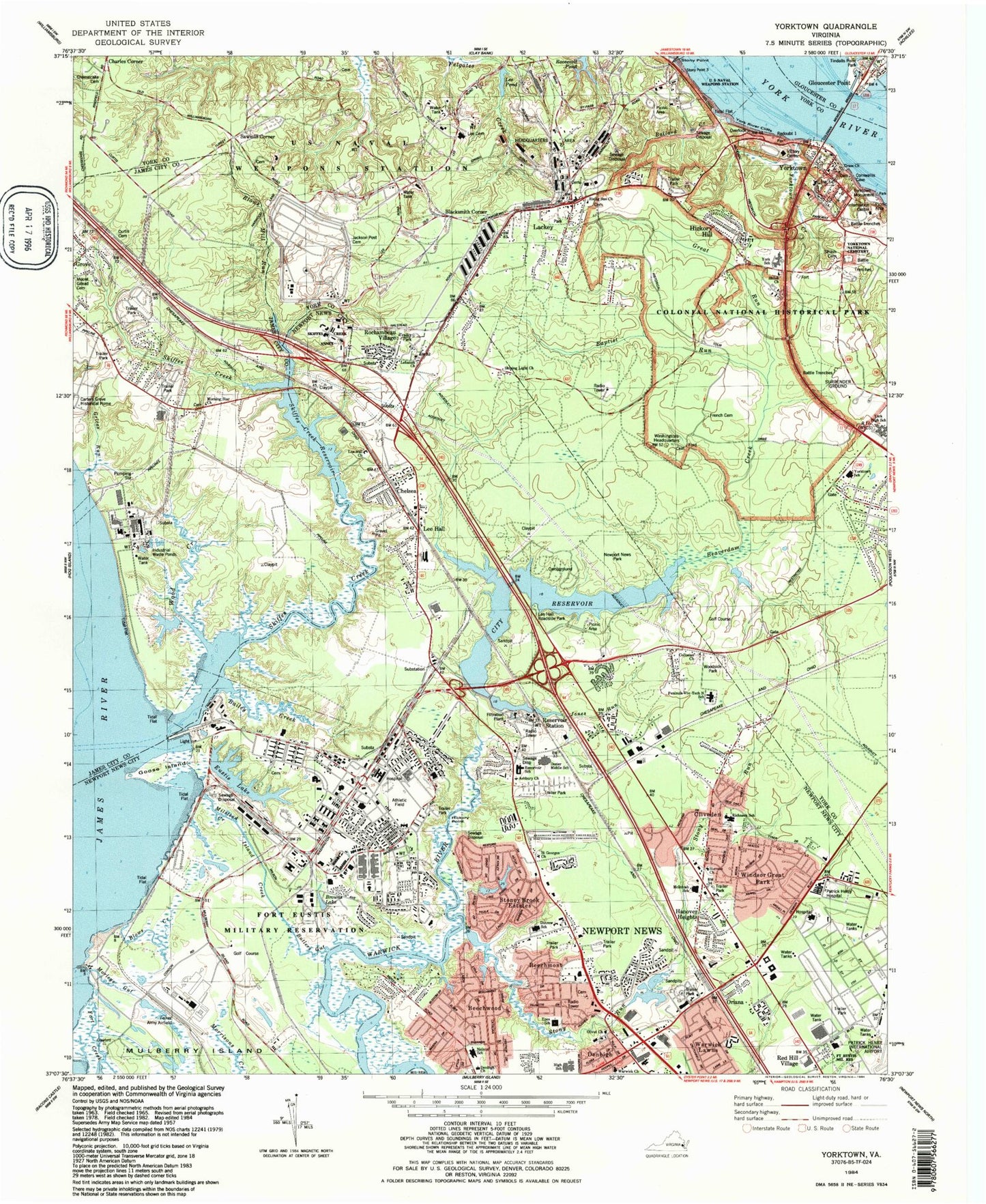 Classic USGS Yorktown Virginia 7.5'x7.5' Topo Map Image