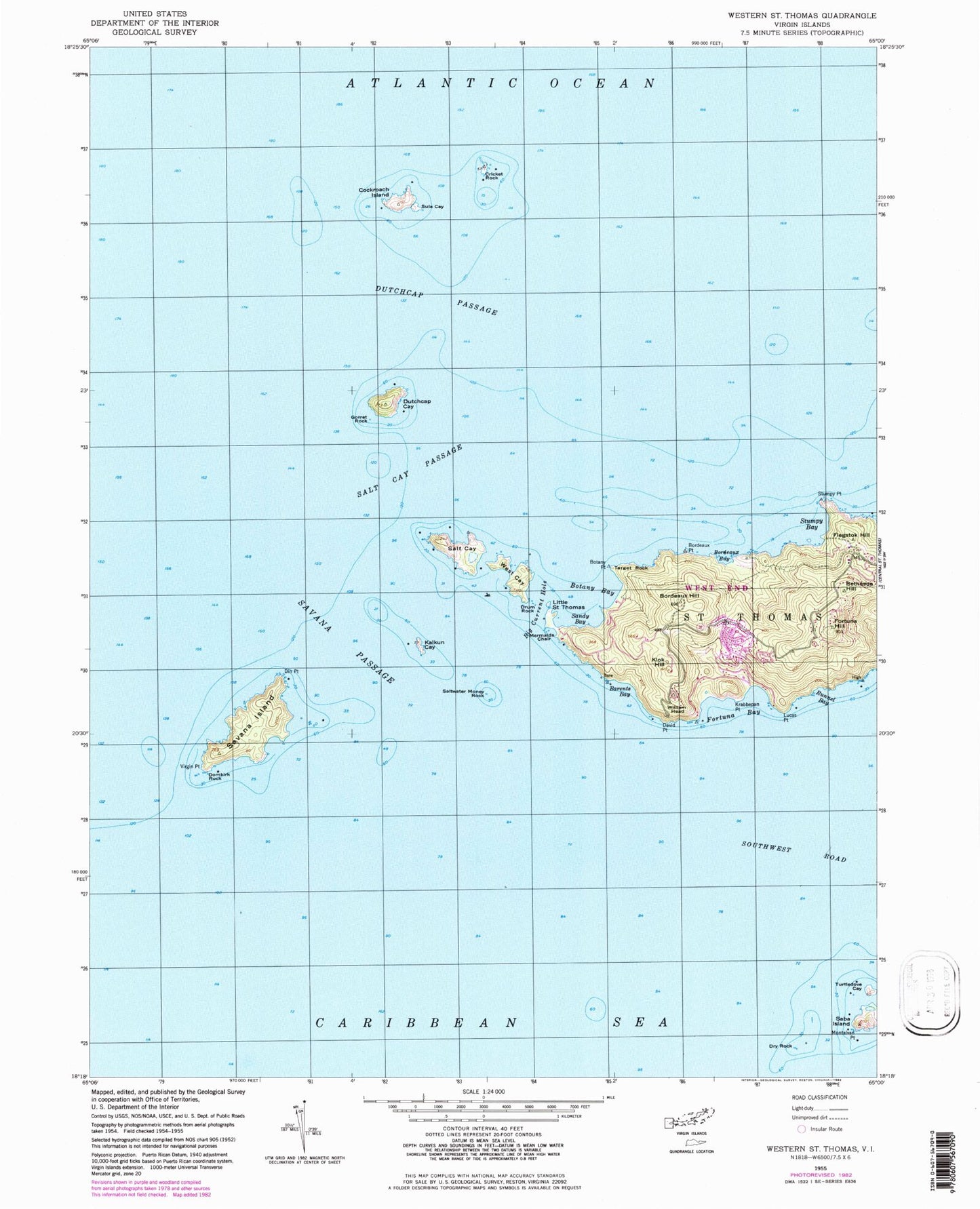 Classic USGS Western Saint Thomas Virgin Islands 7.5'x7.5' Topo Map Image