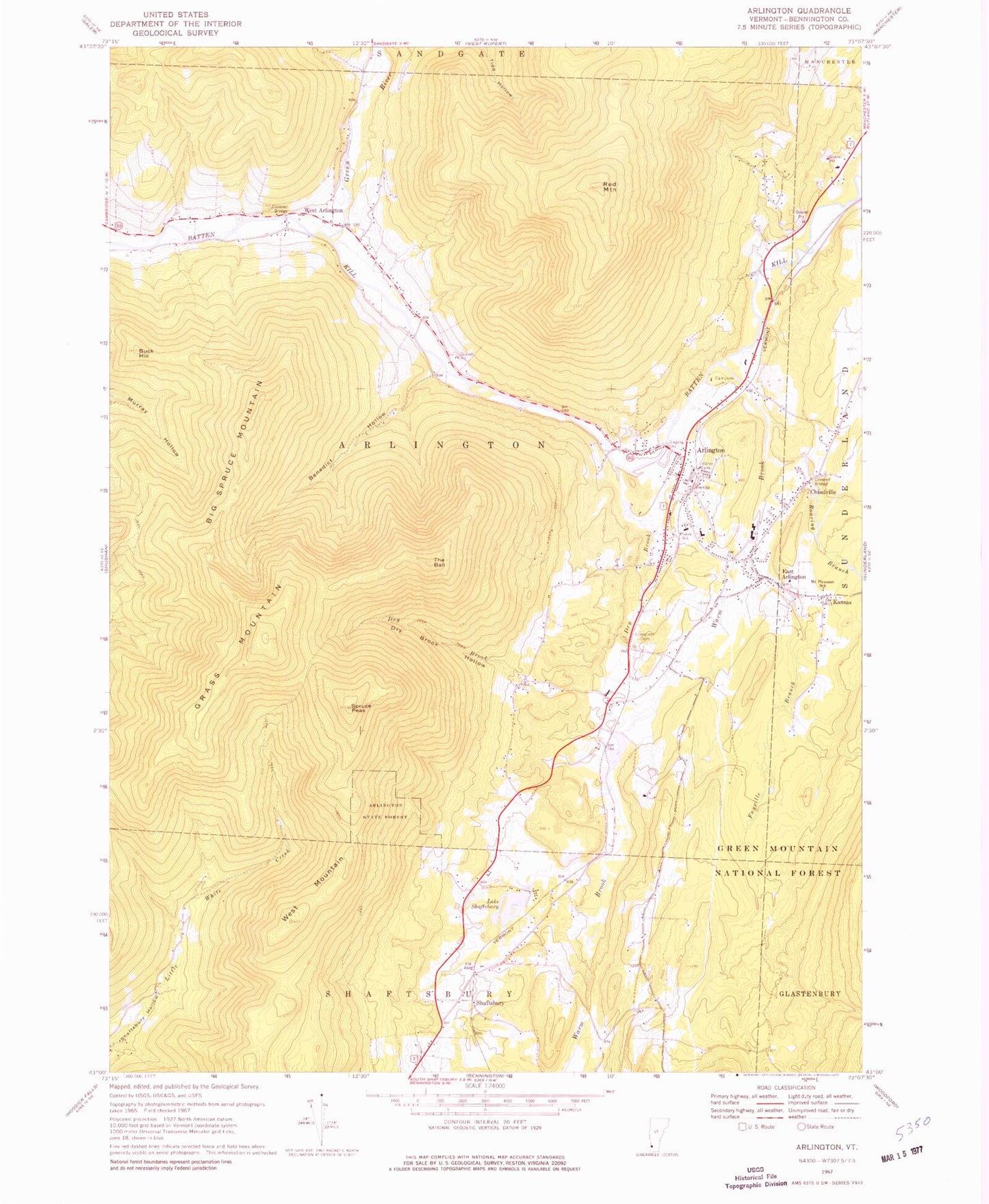 Classic USGS Arlington Vermont 7.5'x7.5' Topo Map Image