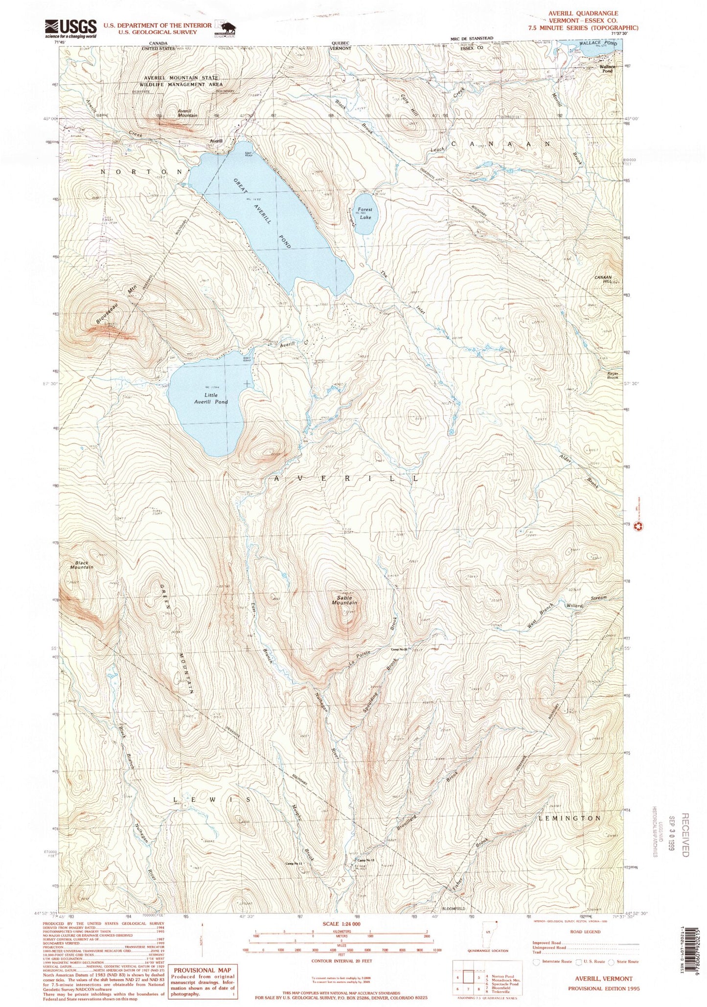 Classic USGS Averill Vermont 7.5'x7.5' Topo Map Image