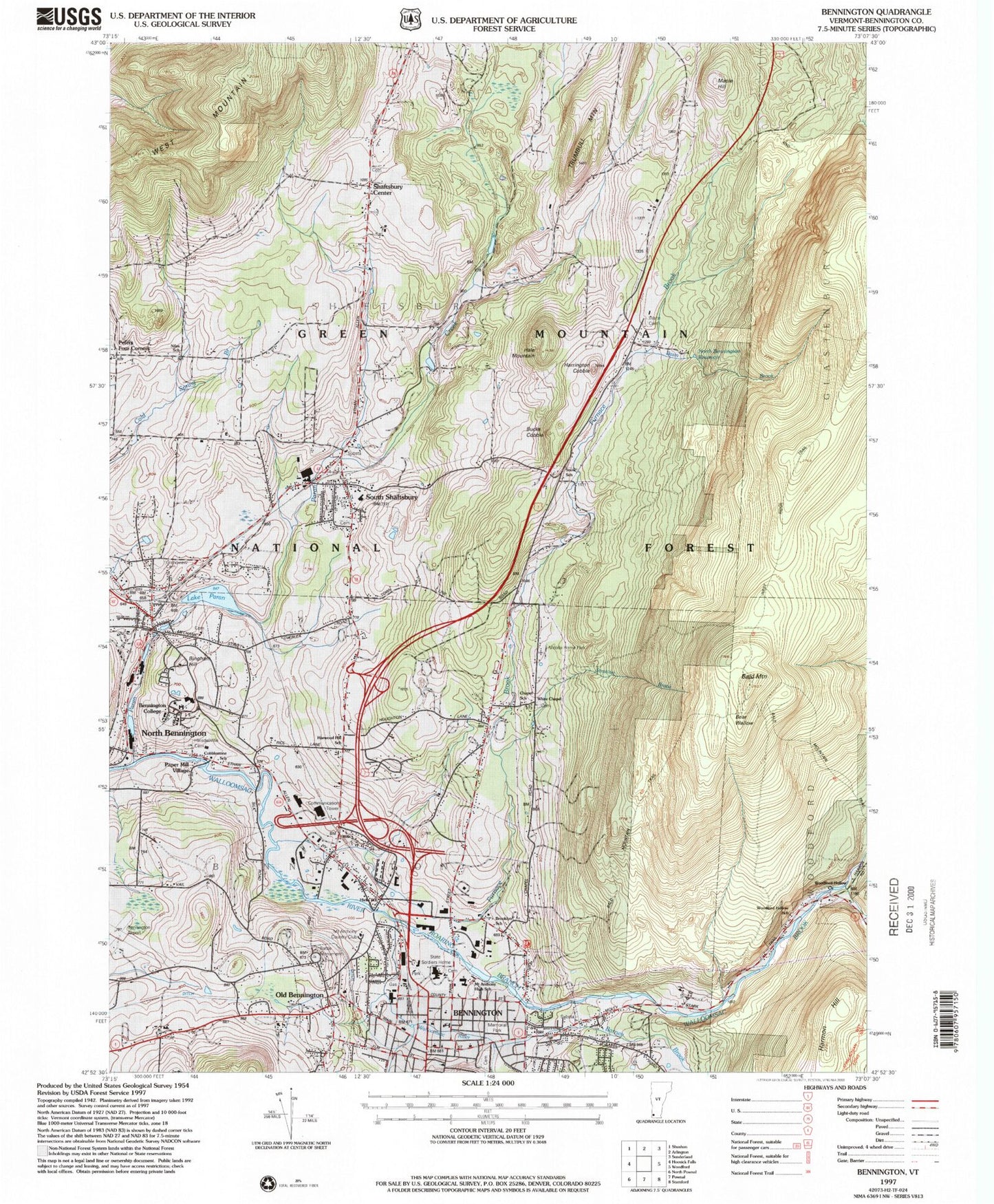 Classic USGS Bennington Vermont 7.5'x7.5' Topo Map Image