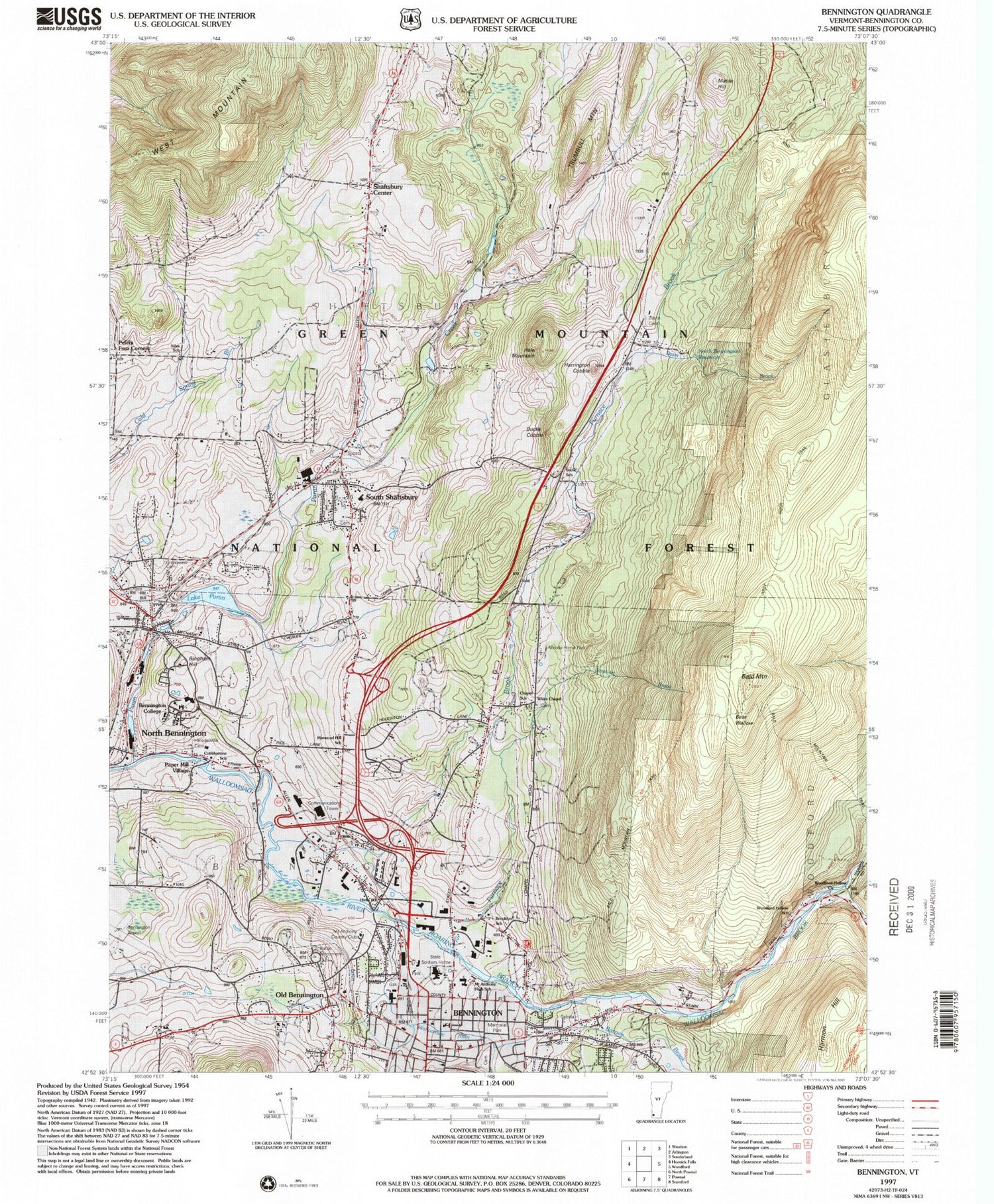 Classic USGS Bennington Vermont 7.5'x7.5' Topo Map Image