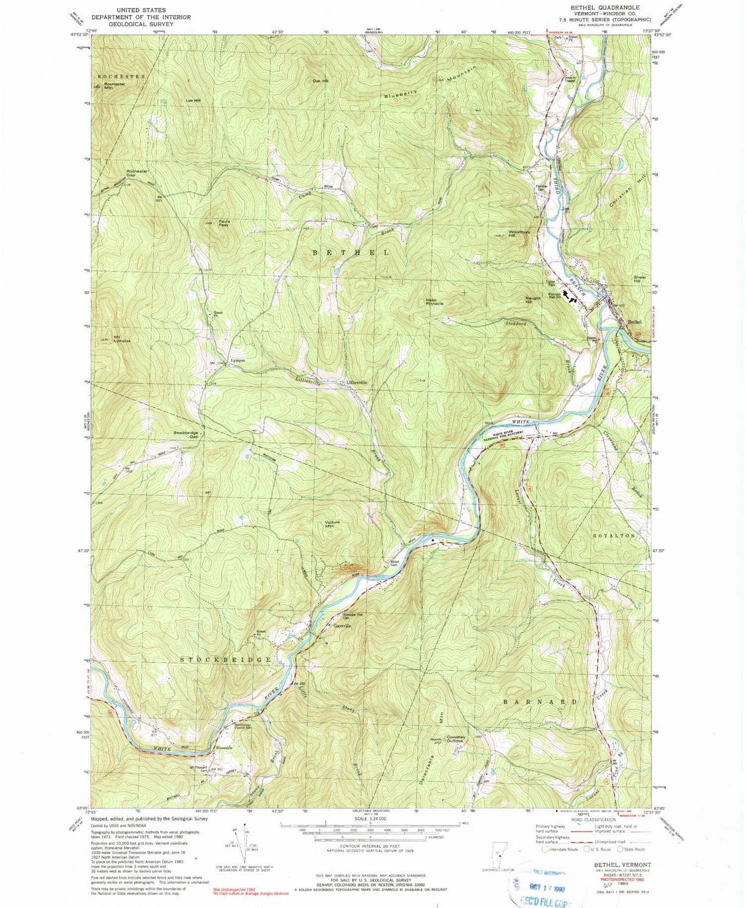 Classic USGS Bethel Vermont 7.5'x7.5' Topo Map Image