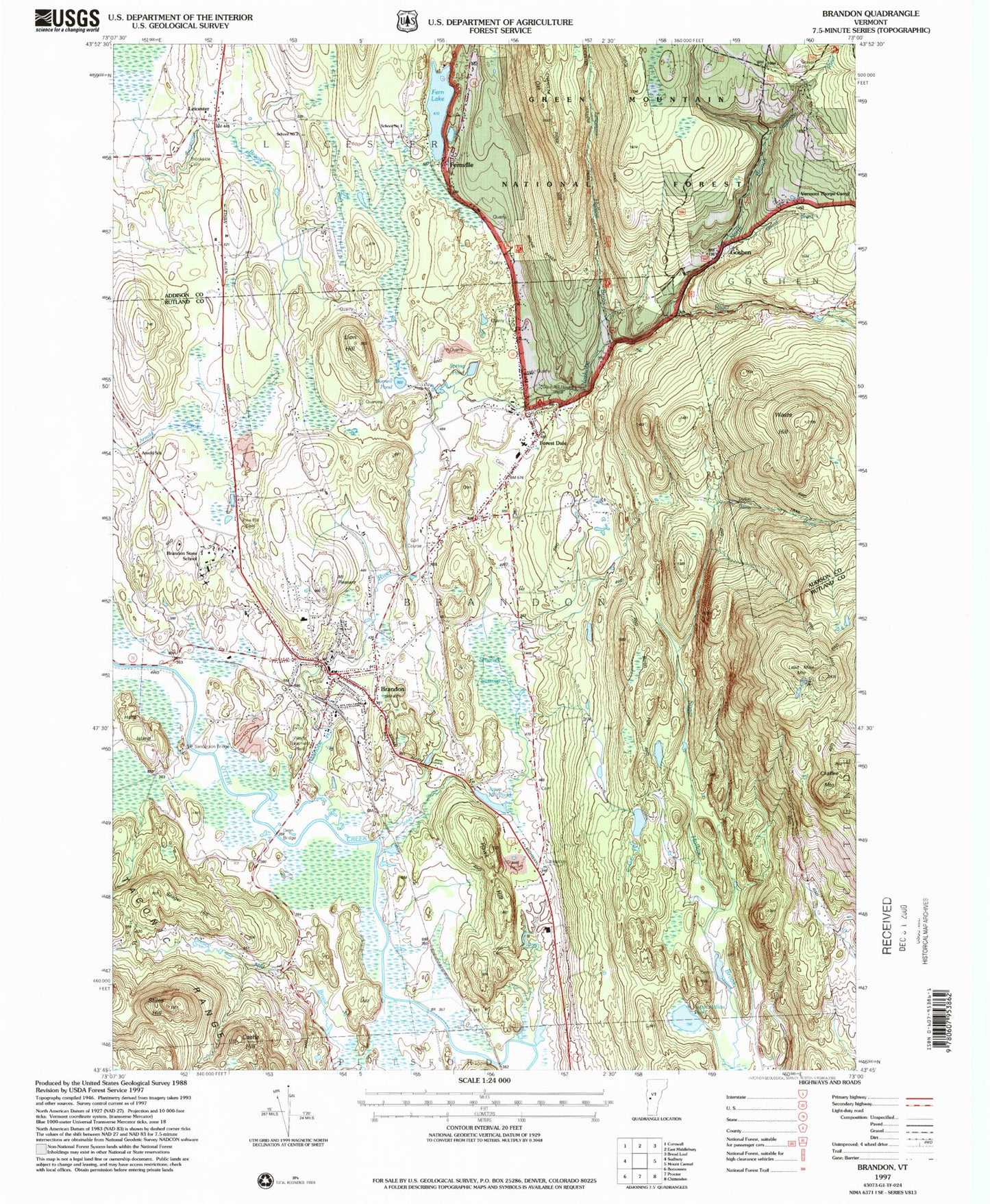 Classic USGS Brandon Vermont 7.5'x7.5' Topo Map Image