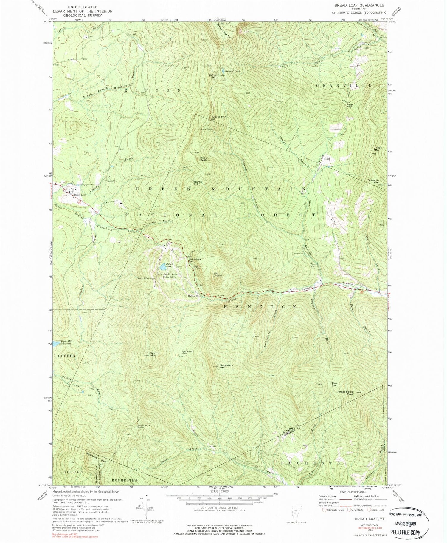 Classic USGS Bread Loaf Vermont 7.5'x7.5' Topo Map Image