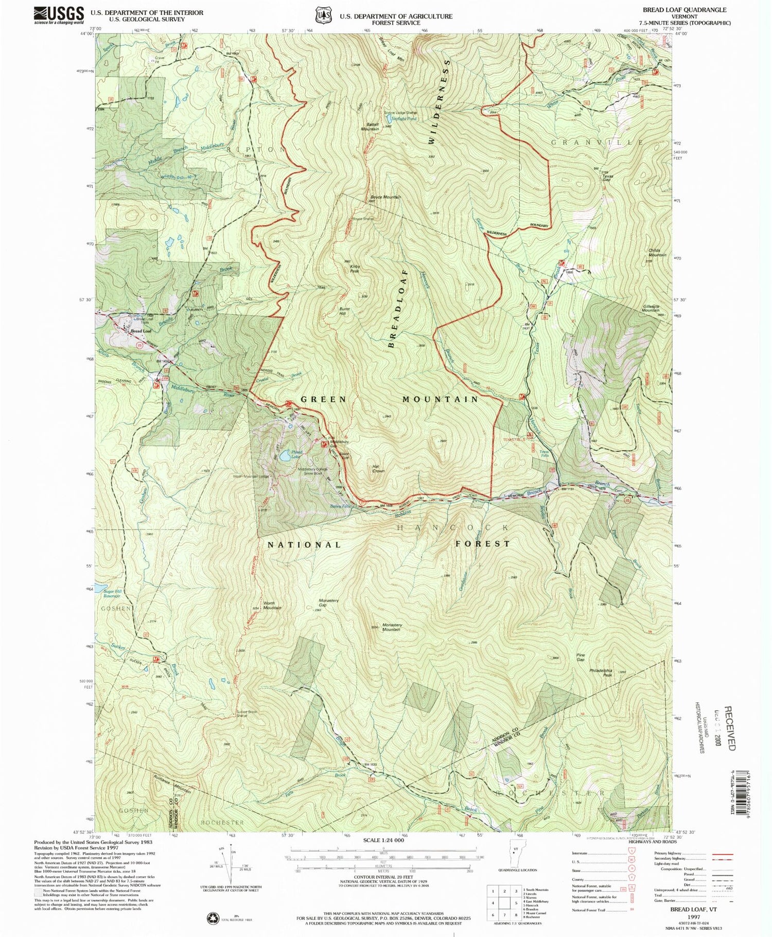 Classic USGS Bread Loaf Vermont 7.5'x7.5' Topo Map Image