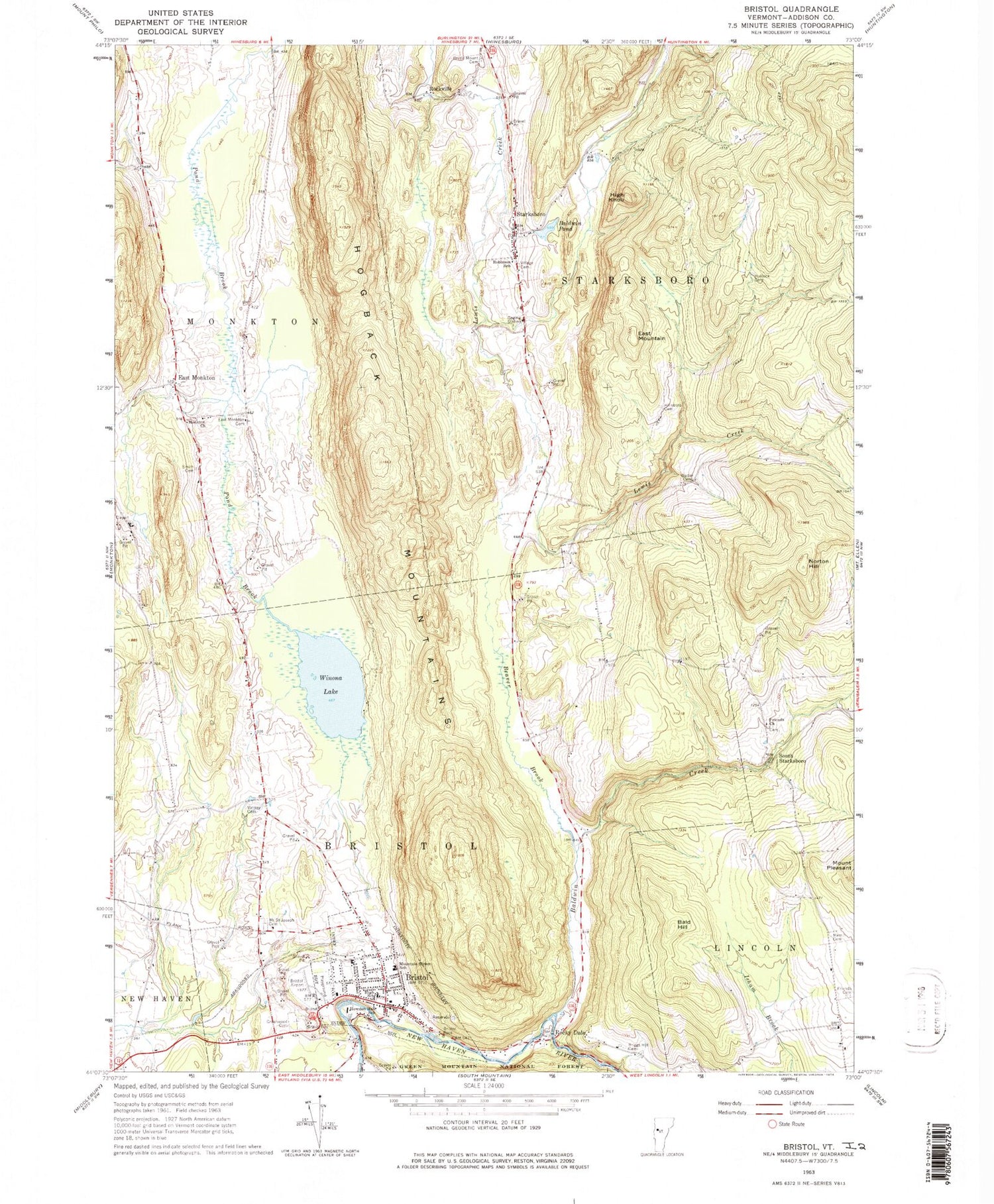 Classic USGS Bristol Vermont 7.5'x7.5' Topo Map Image