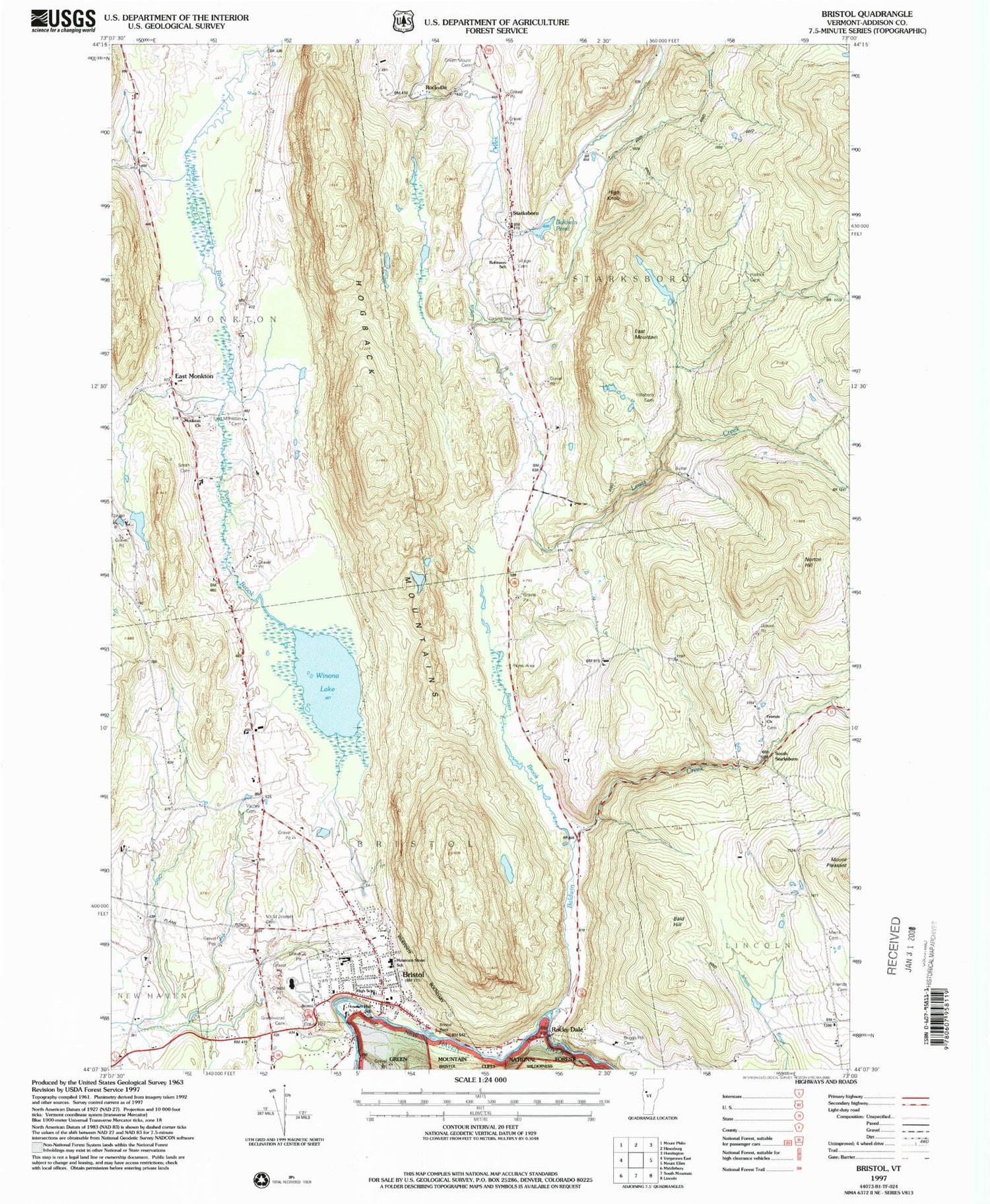 Classic USGS Bristol Vermont 7.5'x7.5' Topo Map Image