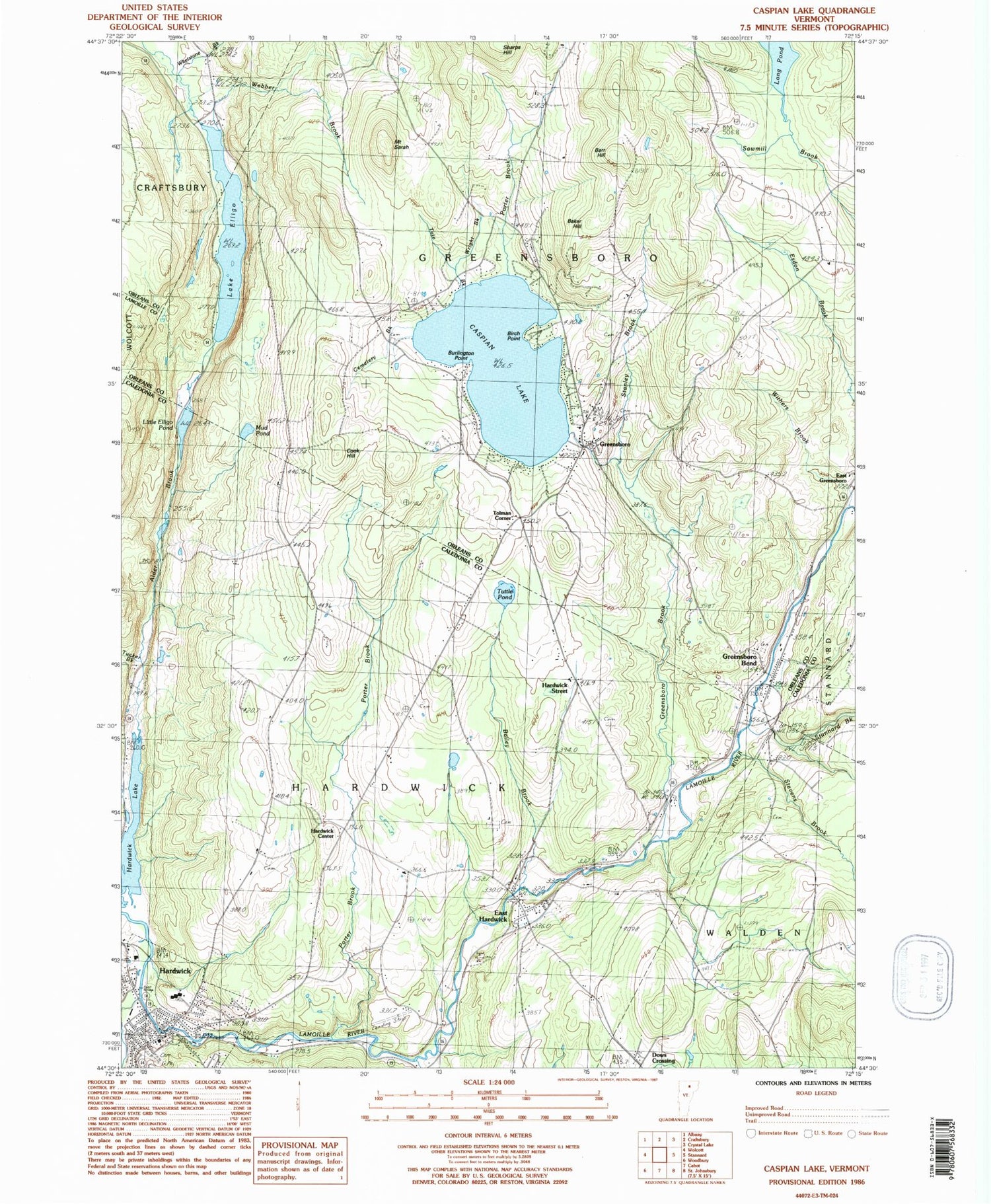 Classic USGS Caspian Lake Vermont 7.5'x7.5' Topo Map Image