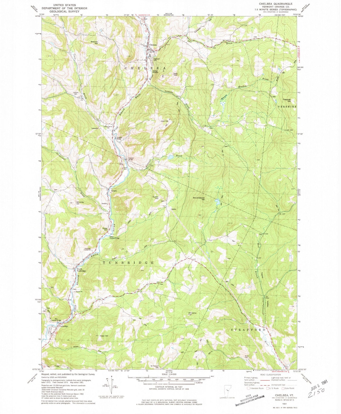 Classic USGS Chelsea Vermont 7.5'x7.5' Topo Map Image