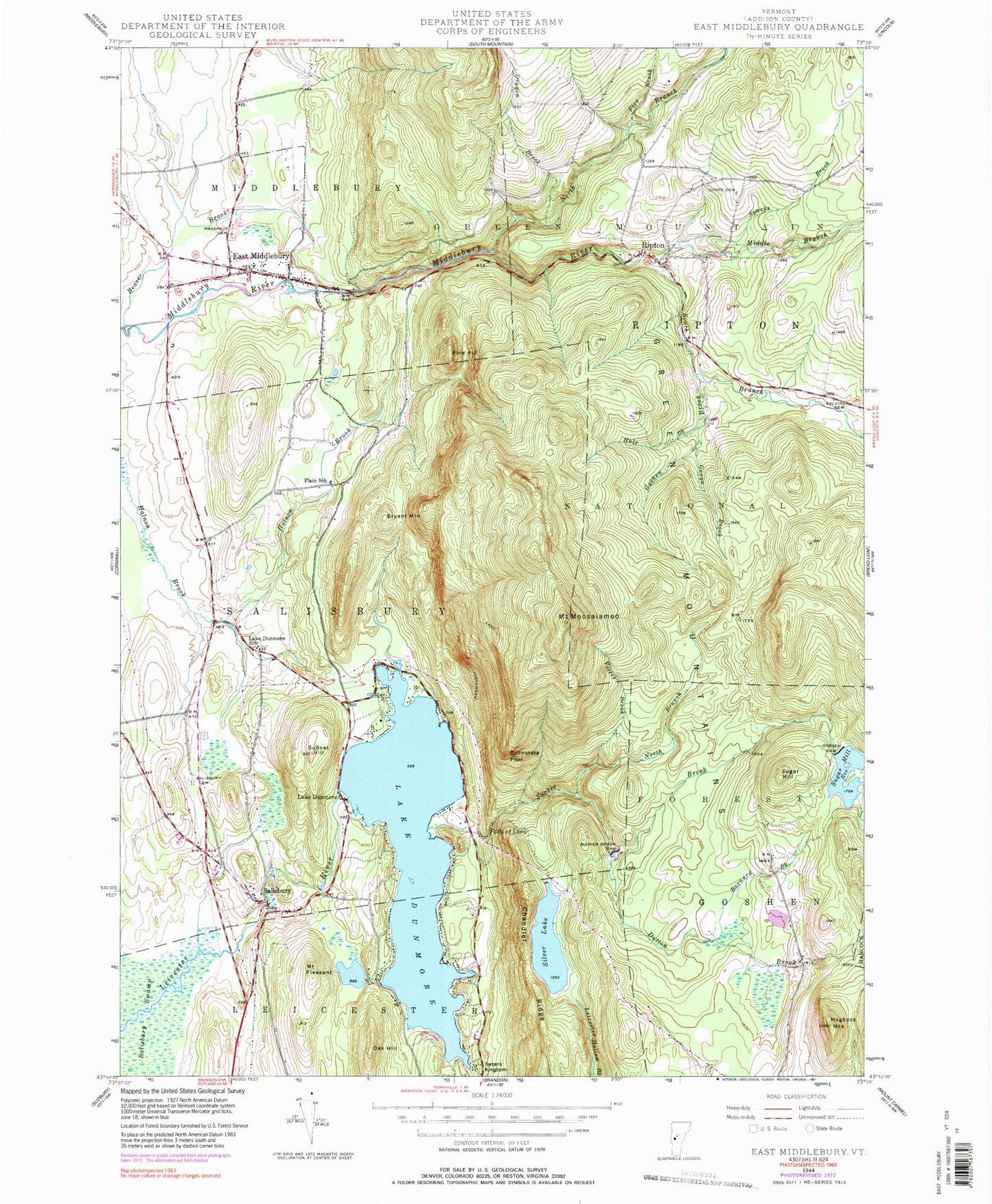 Classic USGS East Middlebury Vermont 7.5'x7.5' Topo Map Image