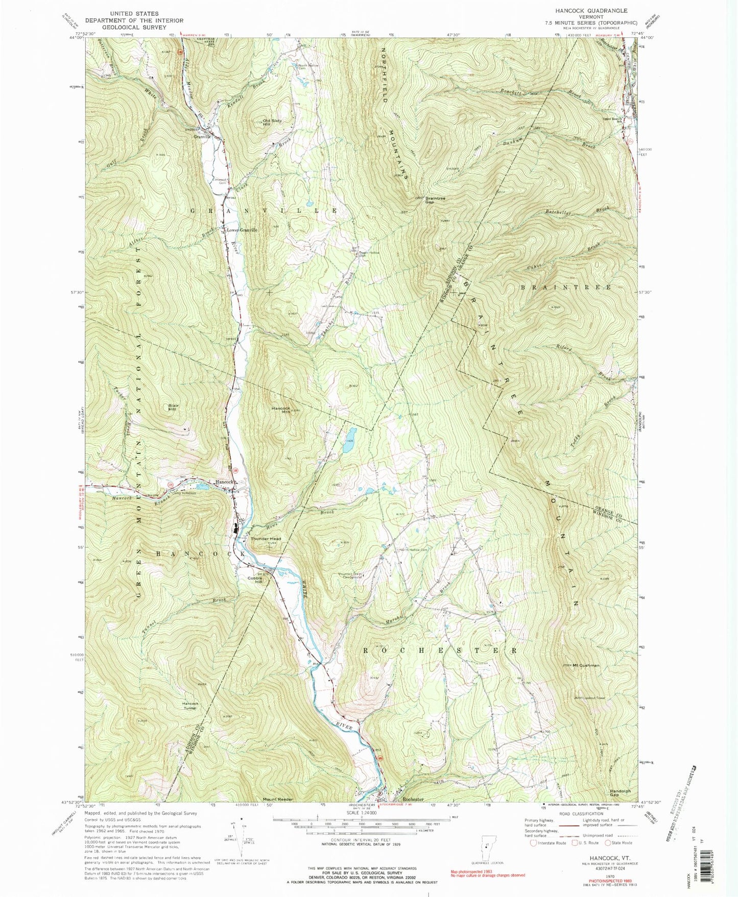 Classic USGS Hancock Vermont 7.5'x7.5' Topo Map Image