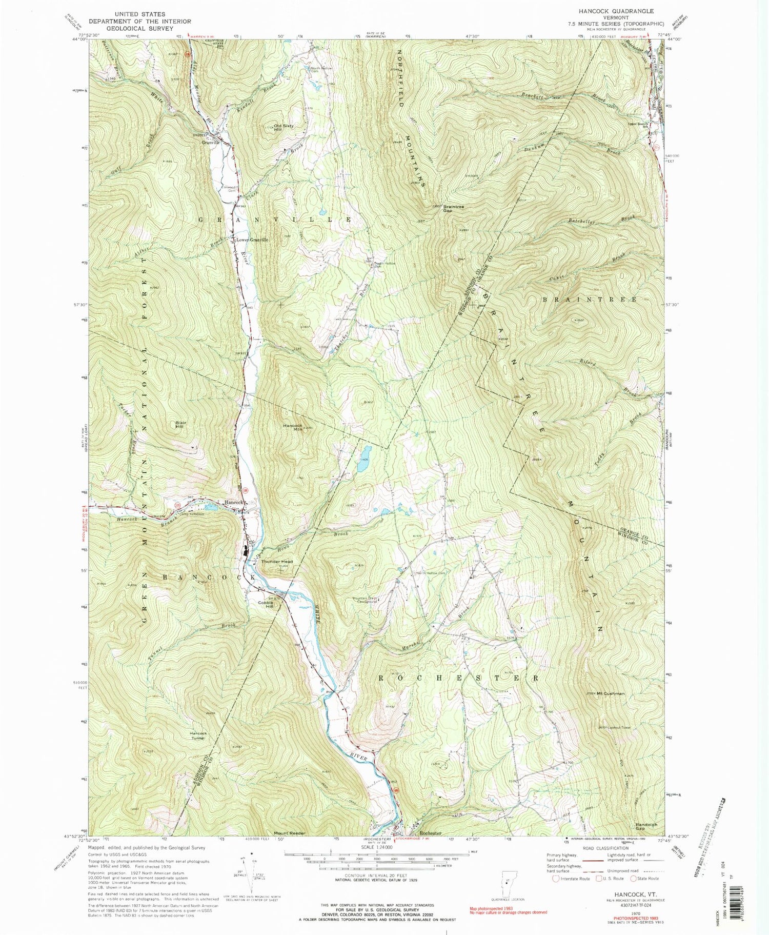 Classic USGS Hancock Vermont 7.5'x7.5' Topo Map Image