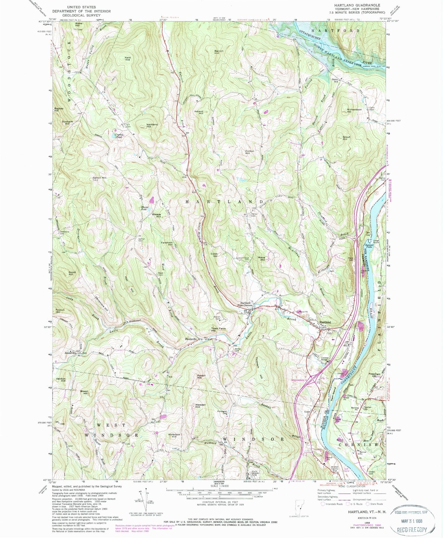 Classic USGS Hartland Vermont 7.5'x7.5' Topo Map Image