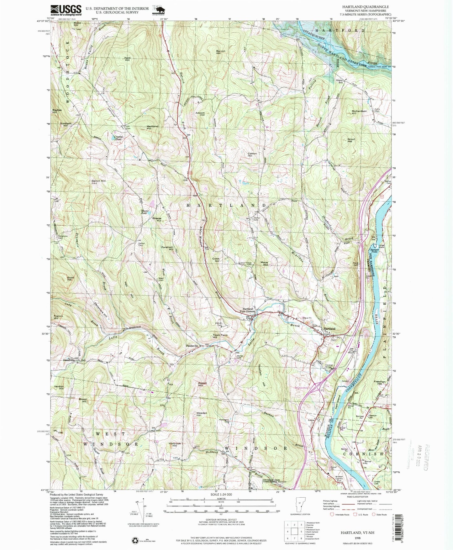 Classic USGS Hartland Vermont 7.5'x7.5' Topo Map Image