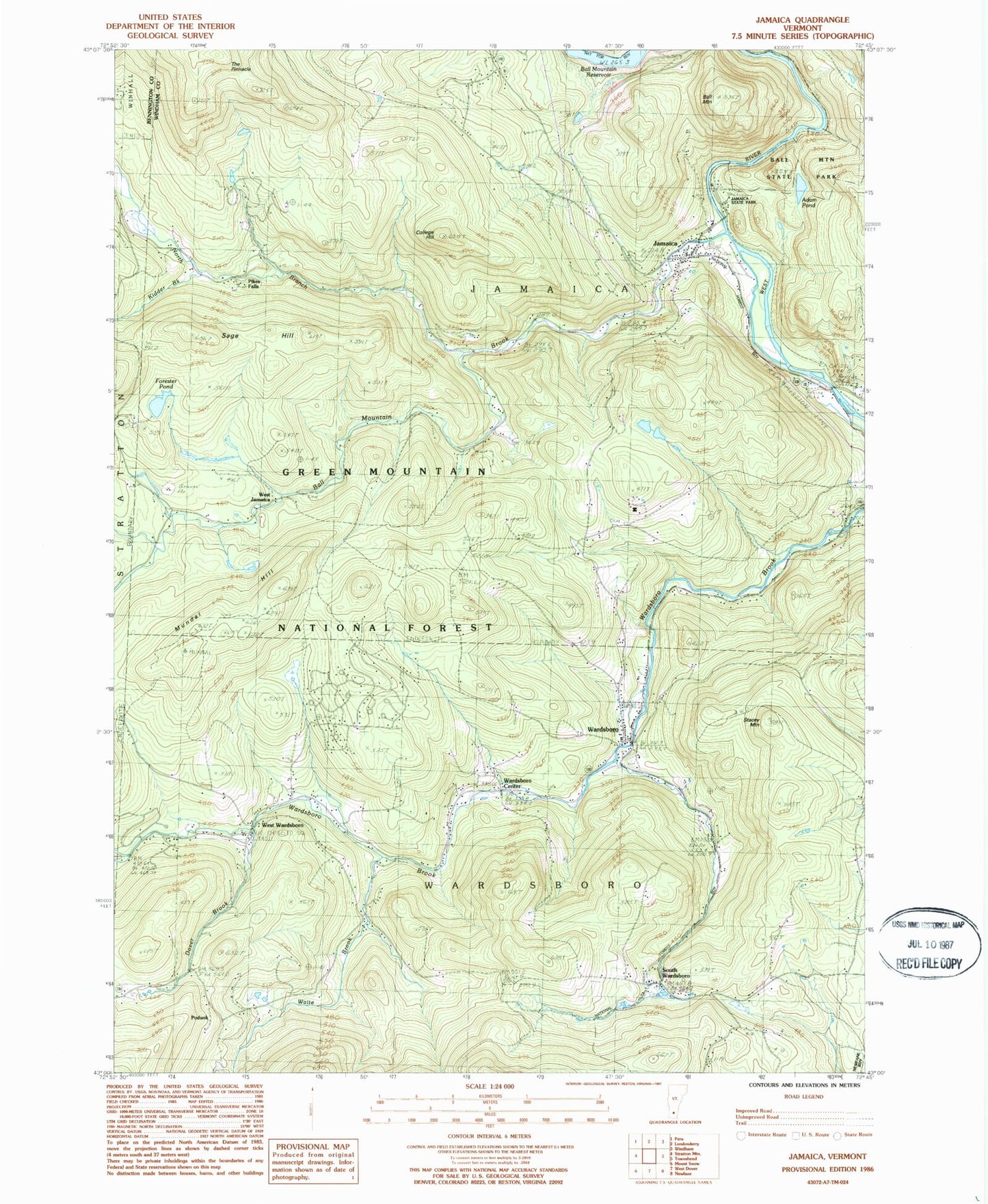 Classic USGS Jamaica Vermont 7.5'x7.5' Topo Map Image