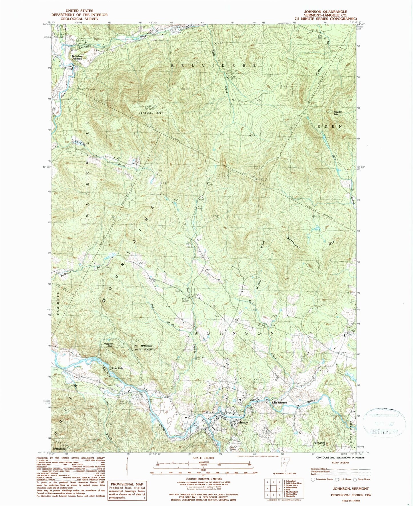 Classic USGS Johnson Vermont 7.5'x7.5' Topo Map Image