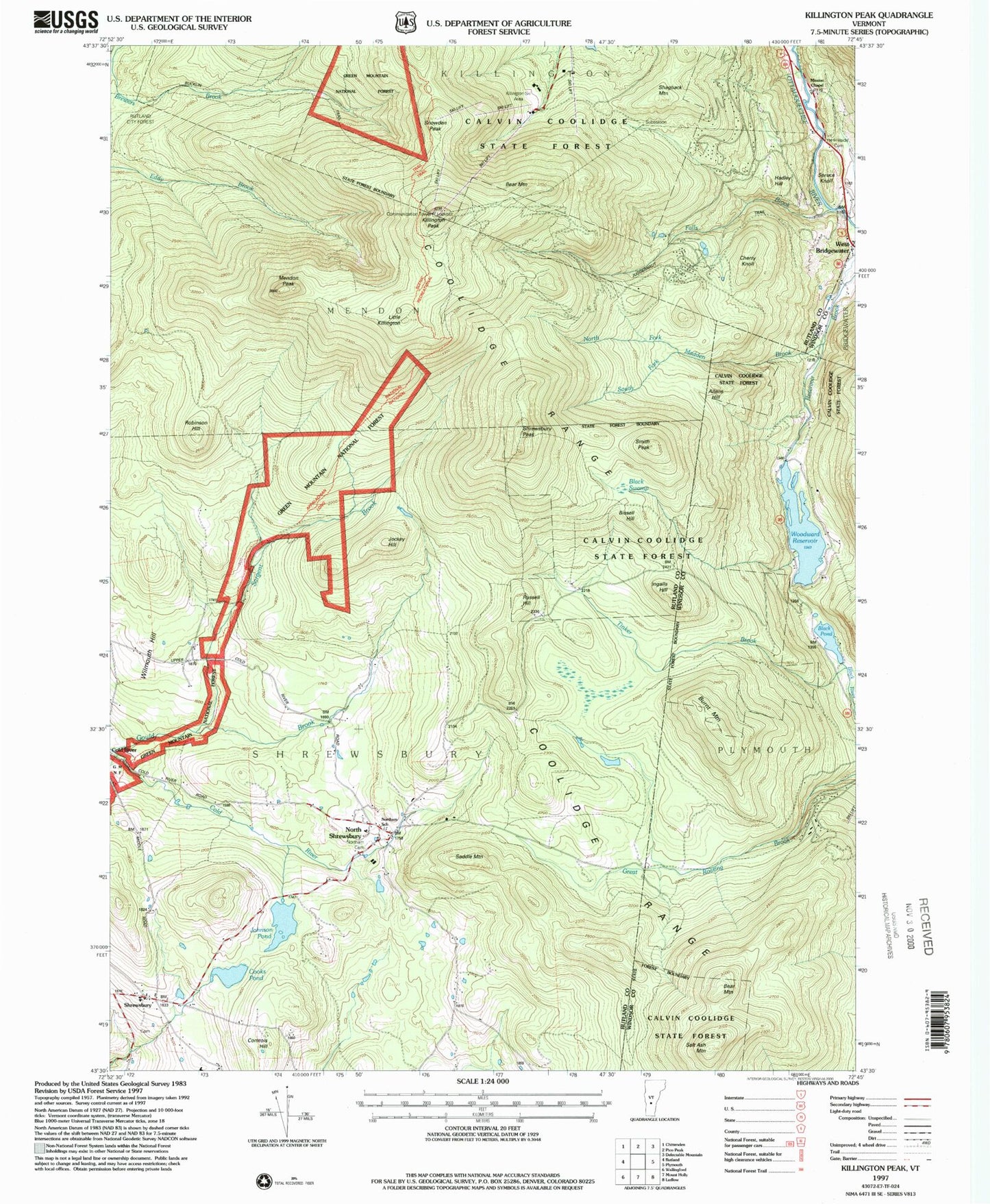 Classic USGS Killington Peak Vermont 7.5'x7.5' Topo Map Image