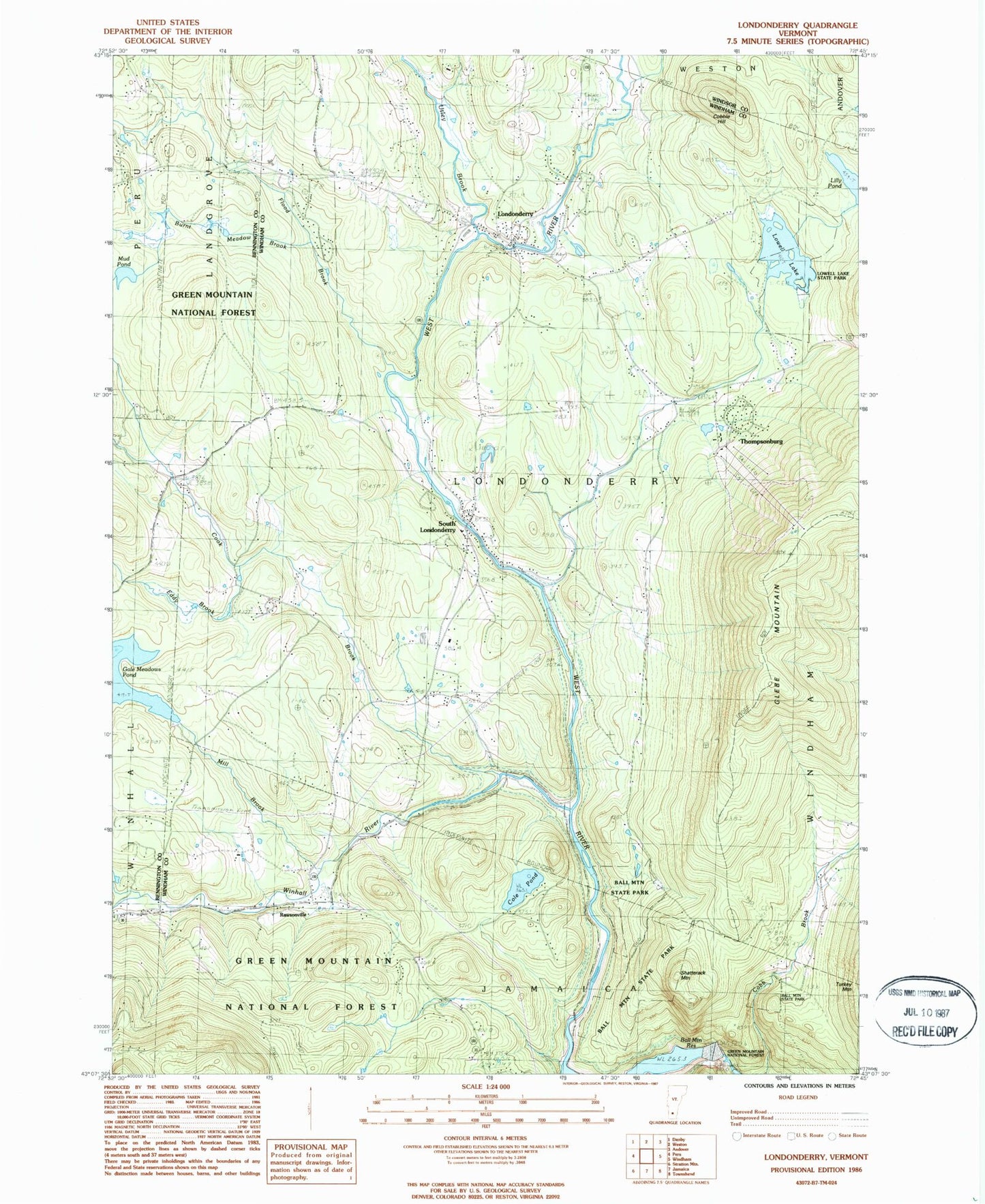 Classic USGS Londonderry Vermont 7.5'x7.5' Topo Map Image