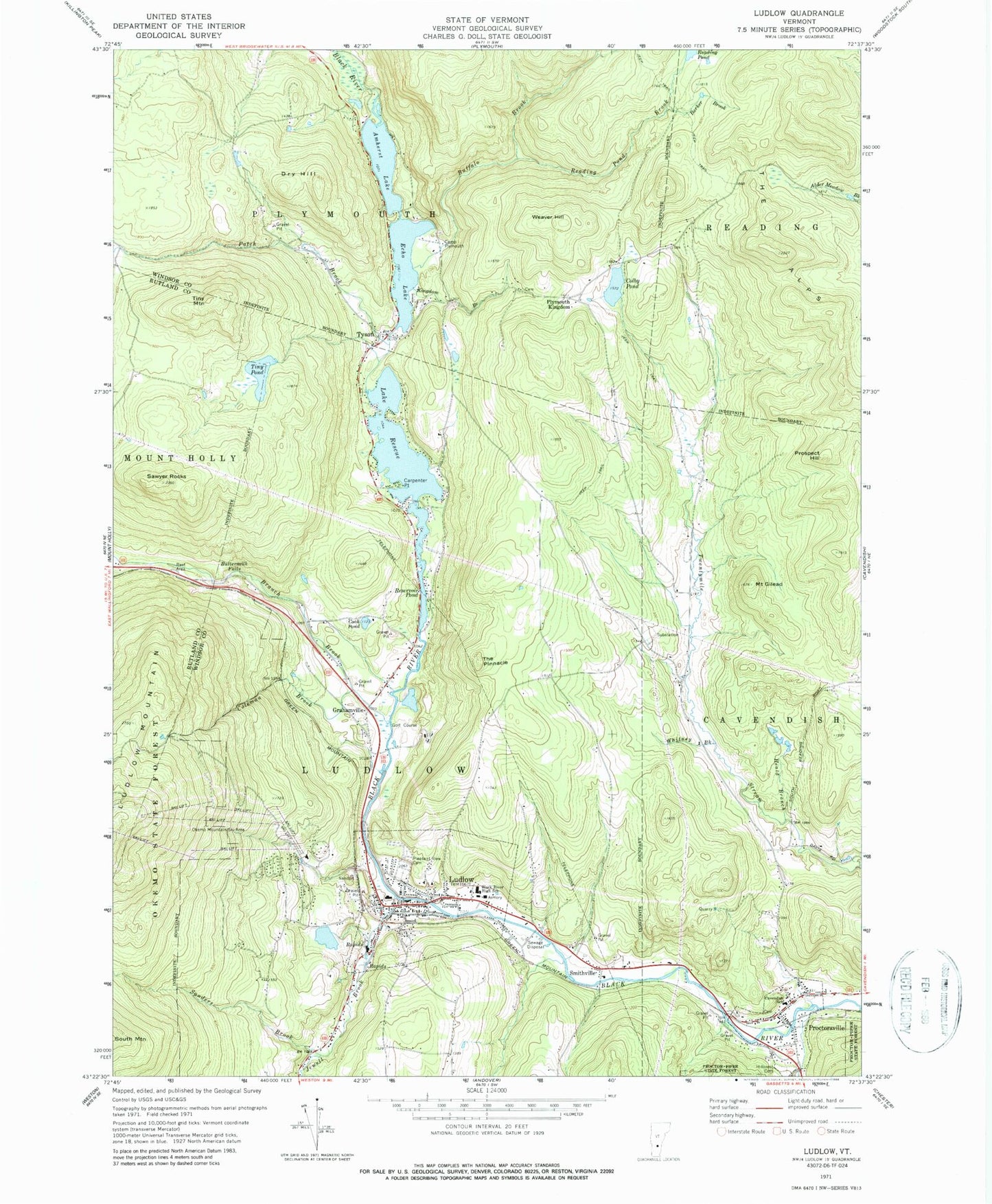 Classic USGS Ludlow Vermont 7.5'x7.5' Topo Map Image