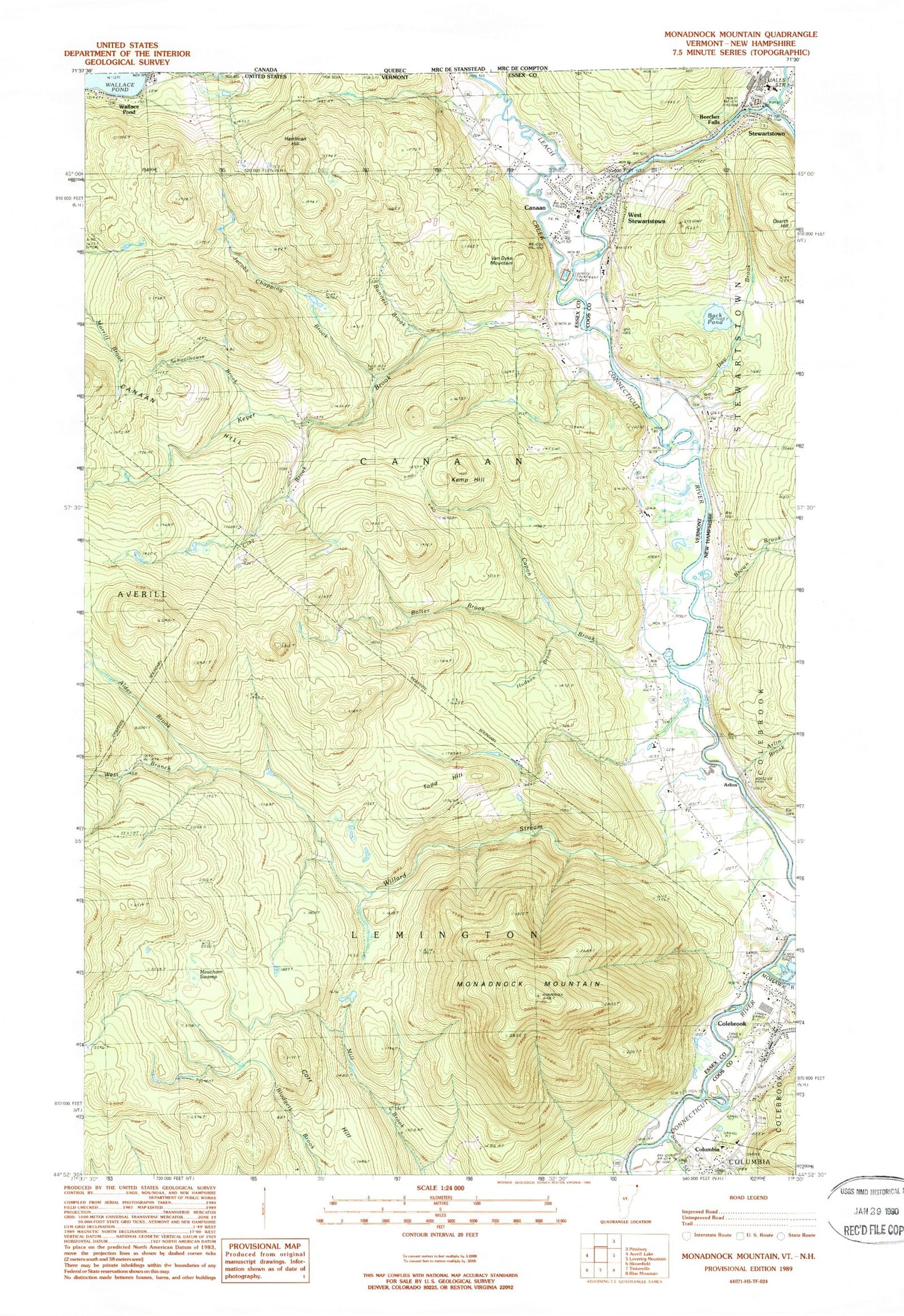 Classic USGS Monadnock Mountain Vermont 7.5'x7.5' Topo Map Image