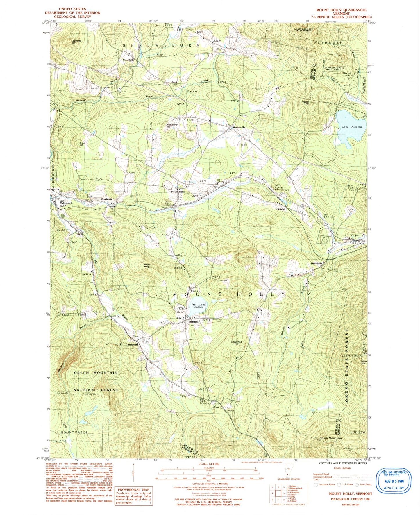 Classic USGS Mount Holly Vermont 7.5'x7.5' Topo Map Image