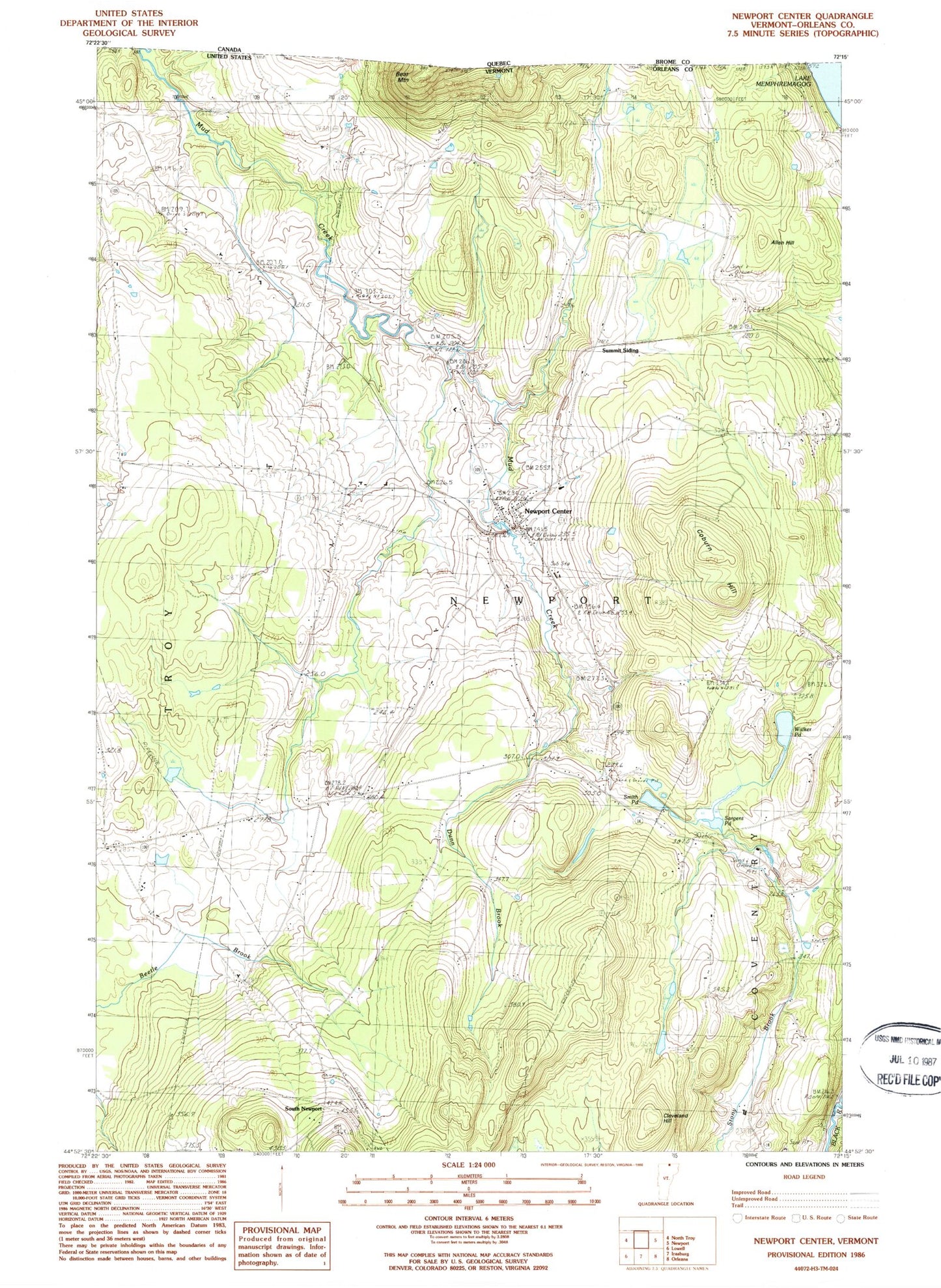 Classic USGS Newport Center Vermont 7.5'x7.5' Topo Map Image