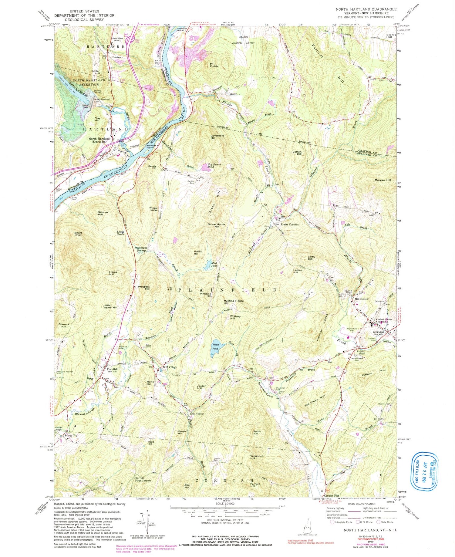 Classic USGS North Hartland Vermont 7.5'x7.5' Topo Map Image