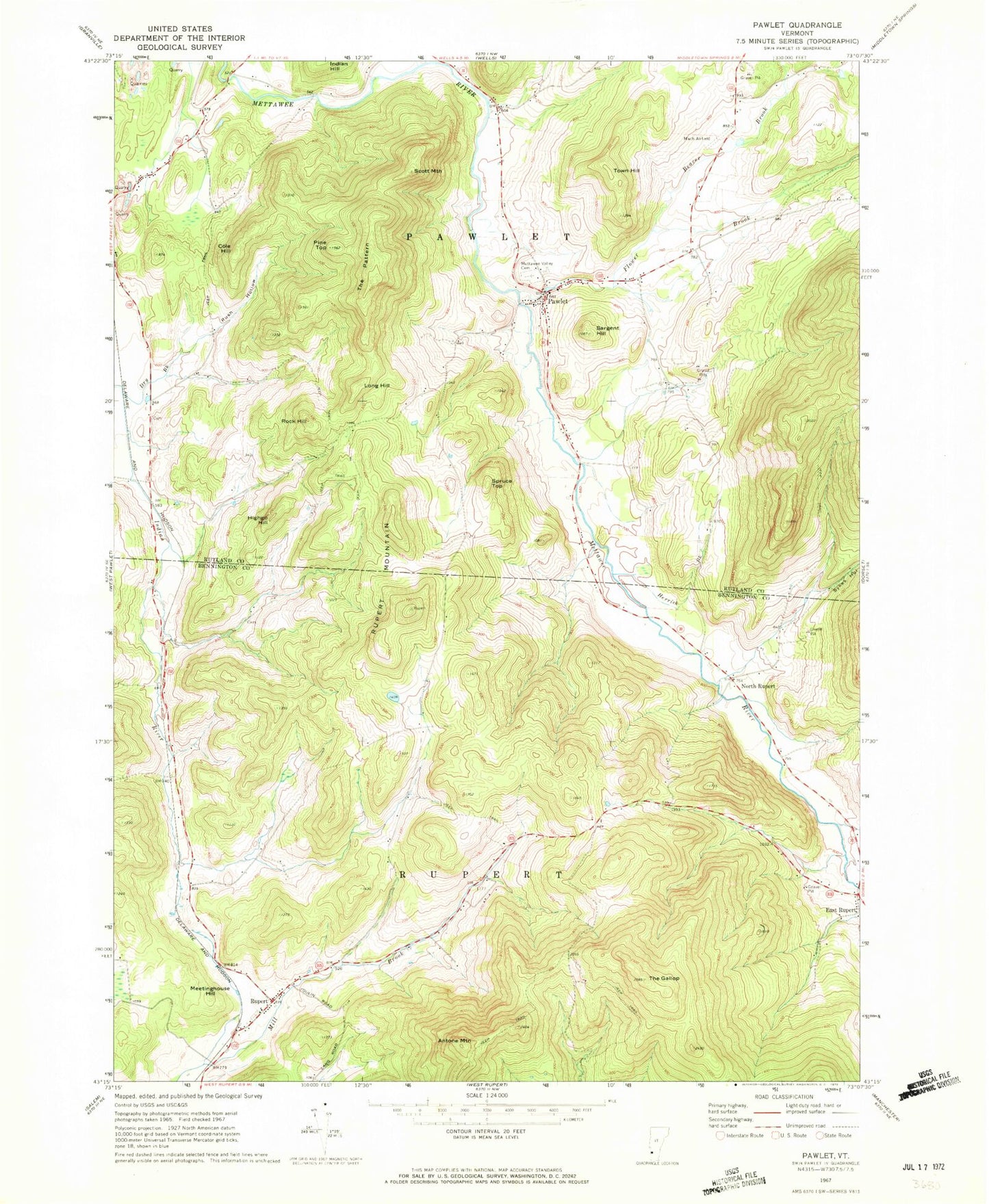Classic USGS Pawlet Vermont 7.5'x7.5' Topo Map Image