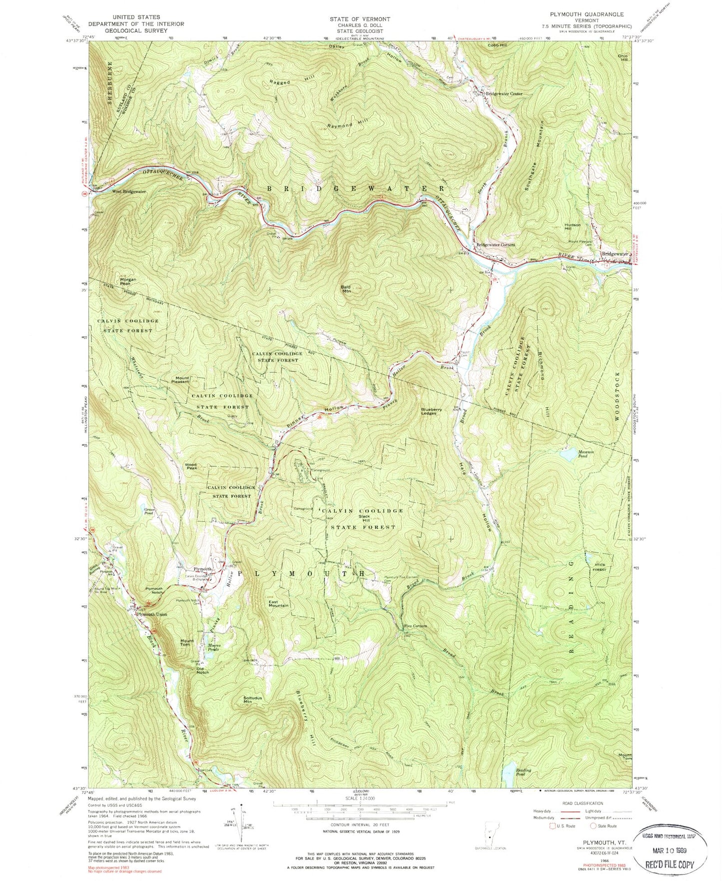 Classic USGS Plymouth Vermont 7.5'x7.5' Topo Map Image
