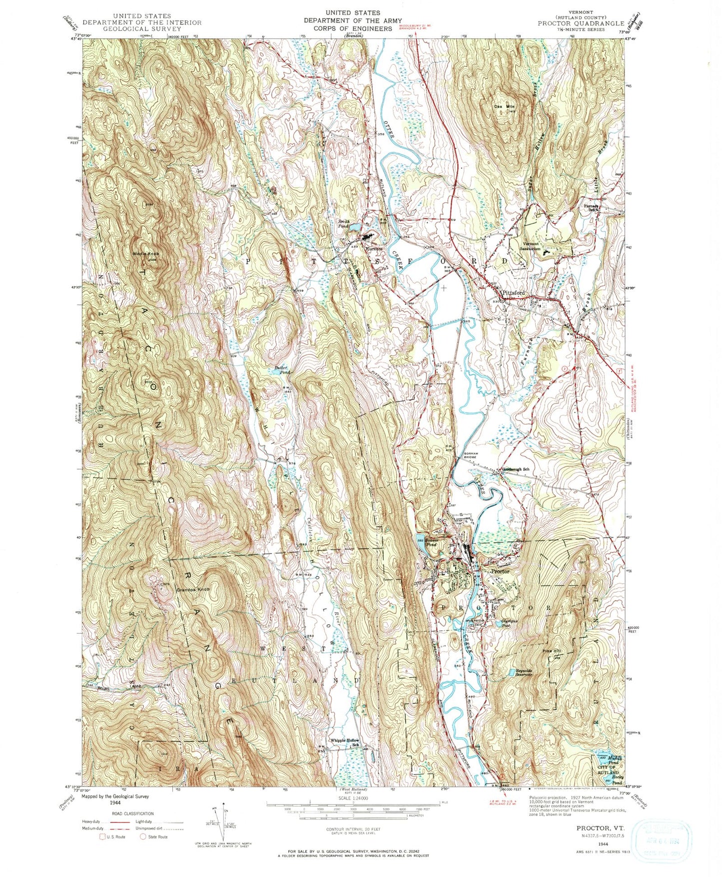 Classic USGS Proctor Vermont 7.5'x7.5' Topo Map Image
