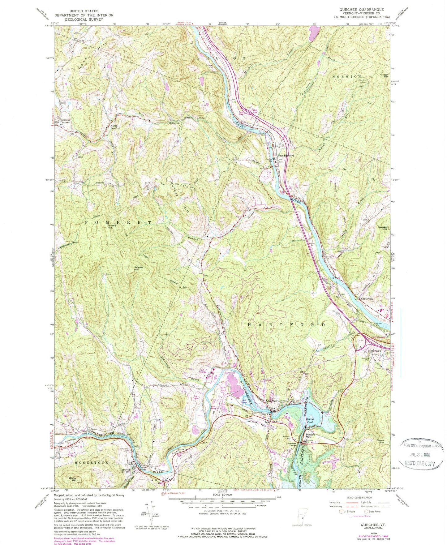 Classic USGS Quechee Vermont 7.5'x7.5' Topo Map Image