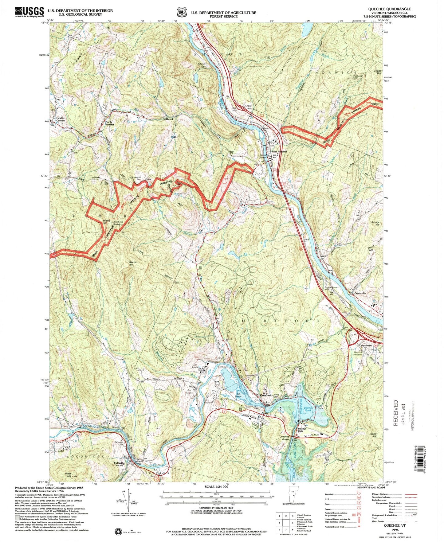 Classic USGS Quechee Vermont 7.5'x7.5' Topo Map Image