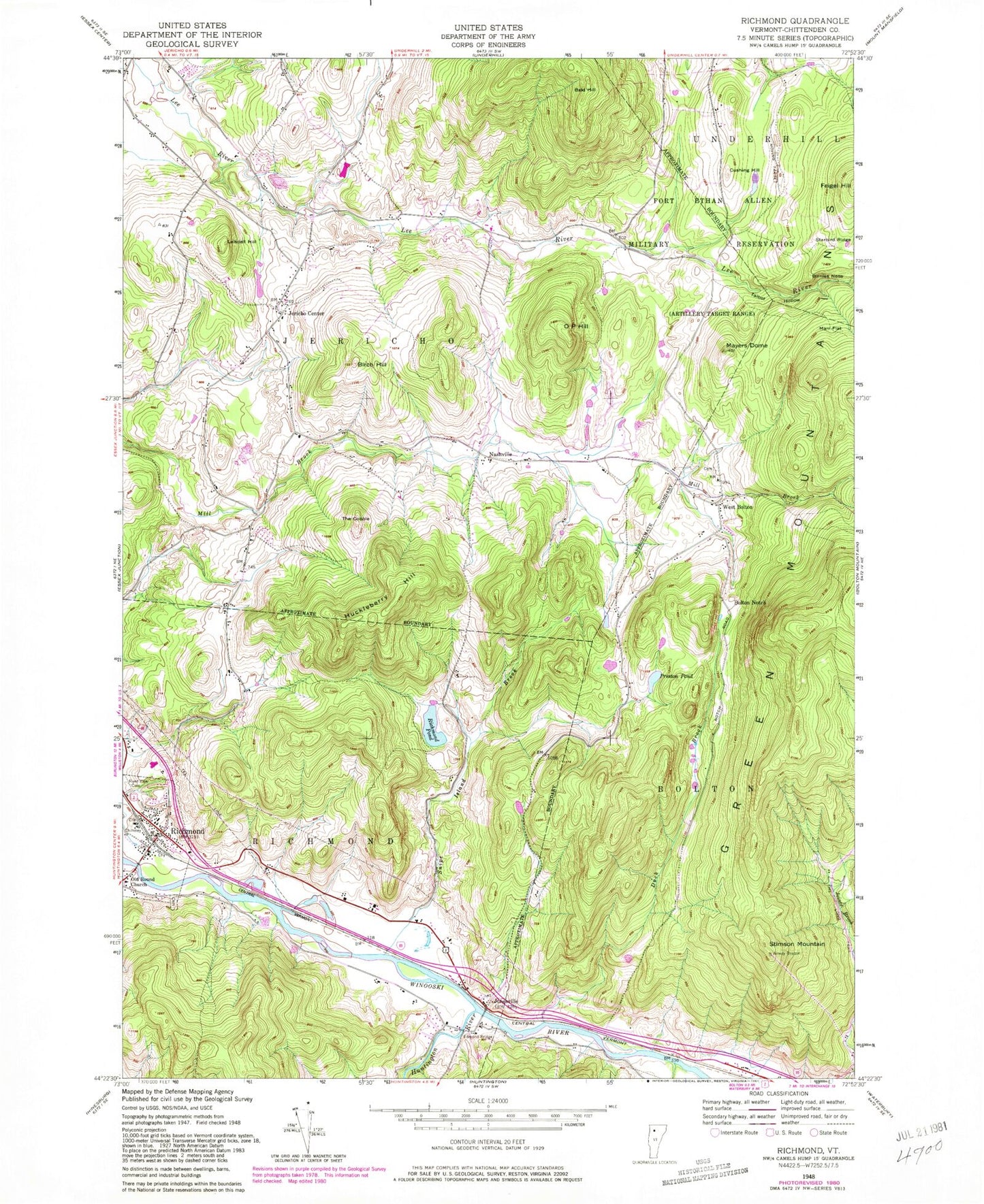 Classic USGS Richmond Vermont 7.5'x7.5' Topo Map Image