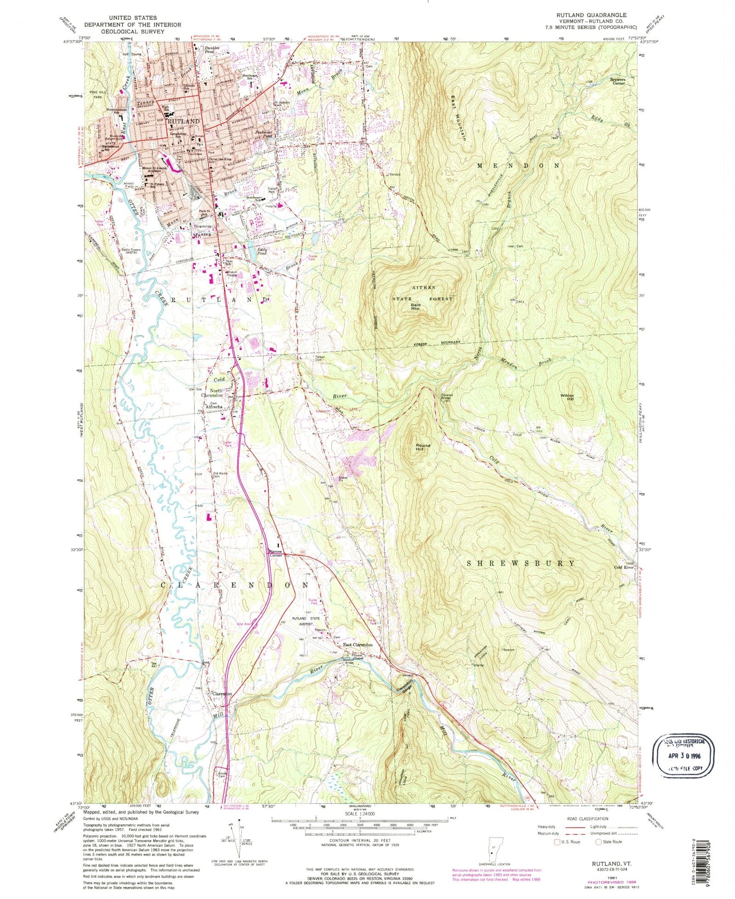 Classic USGS Rutland Vermont 7.5'x7.5' Topo Map Image