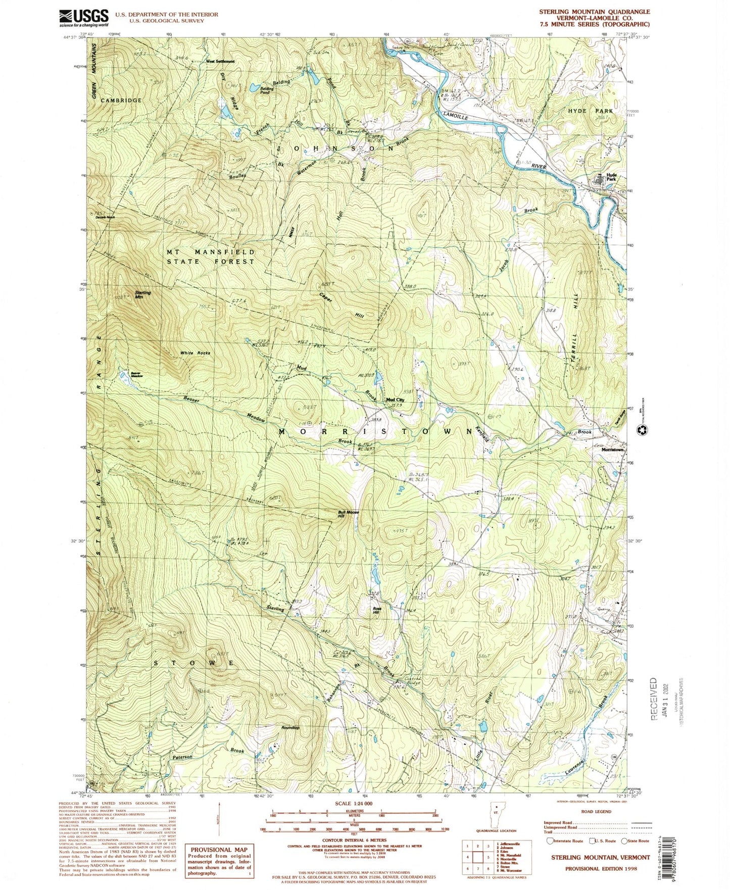 Classic USGS Sterling Mountain Vermont 7.5'x7.5' Topo Map Image