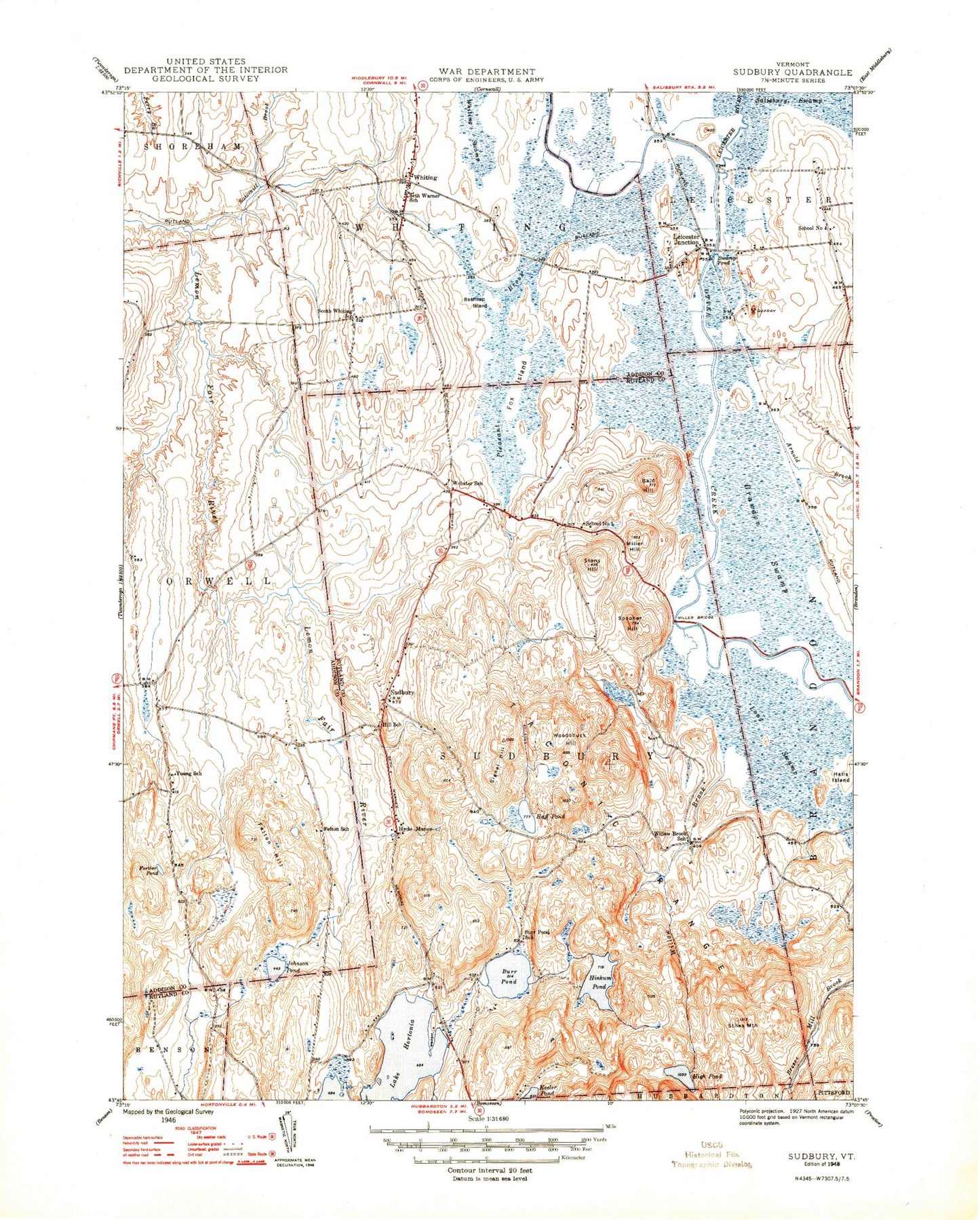 Classic USGS Sudbury Vermont 7.5'x7.5' Topo Map Image