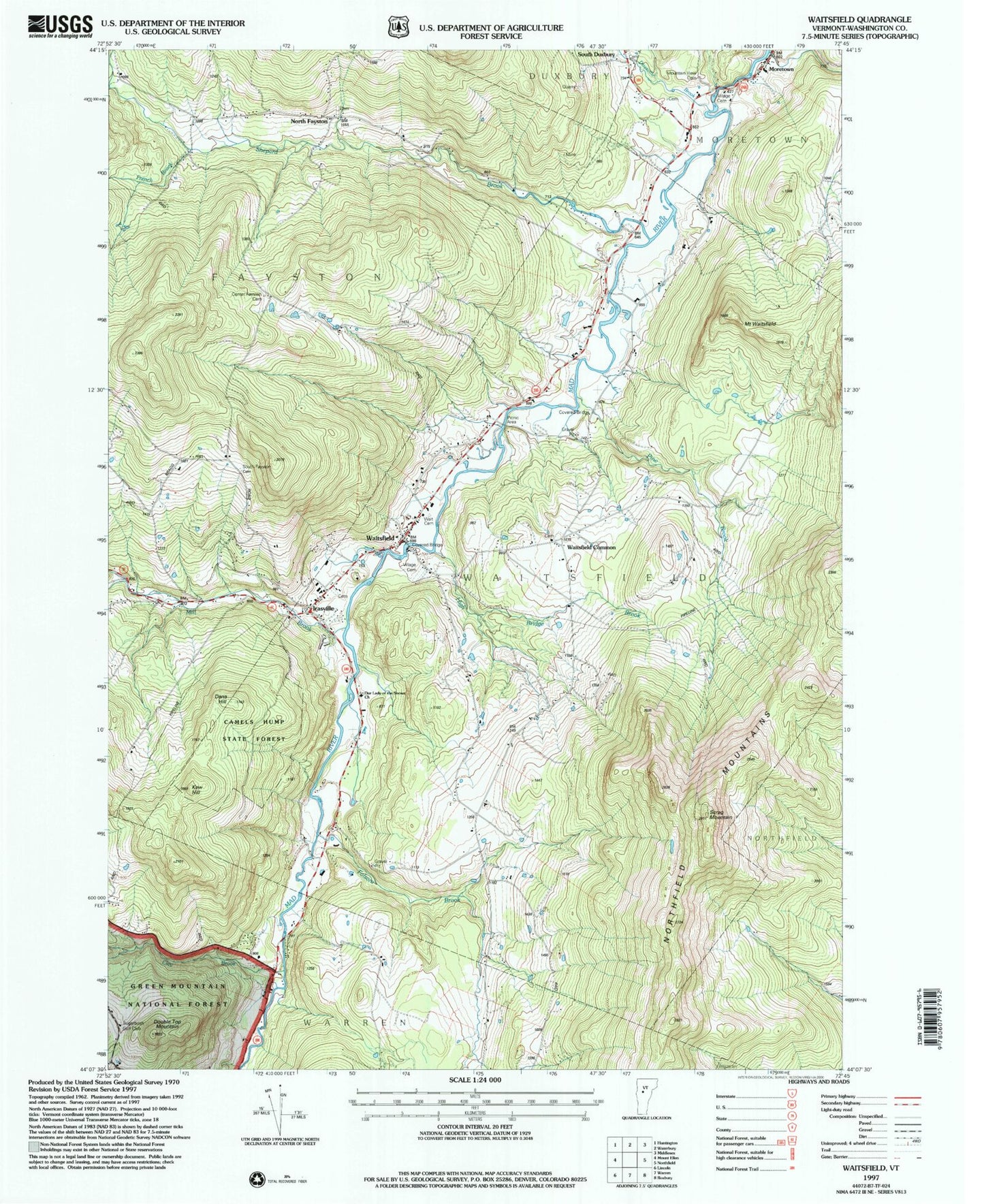Classic USGS Waitsfield Vermont 7.5'x7.5' Topo Map Image