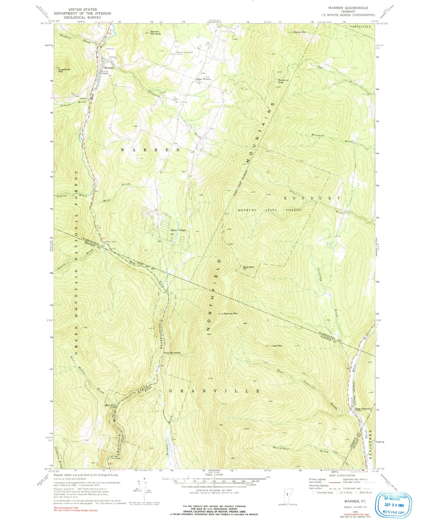 Classic USGS Warren Vermont 7.5'x7.5' Topo Map Image