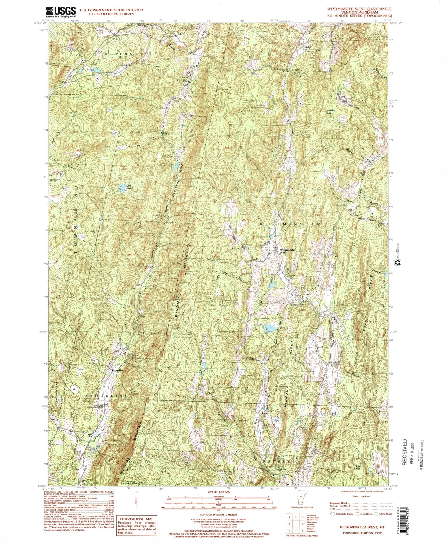 Classic USGS Westminster West Vermont 7.5'x7.5' Topo Map Image